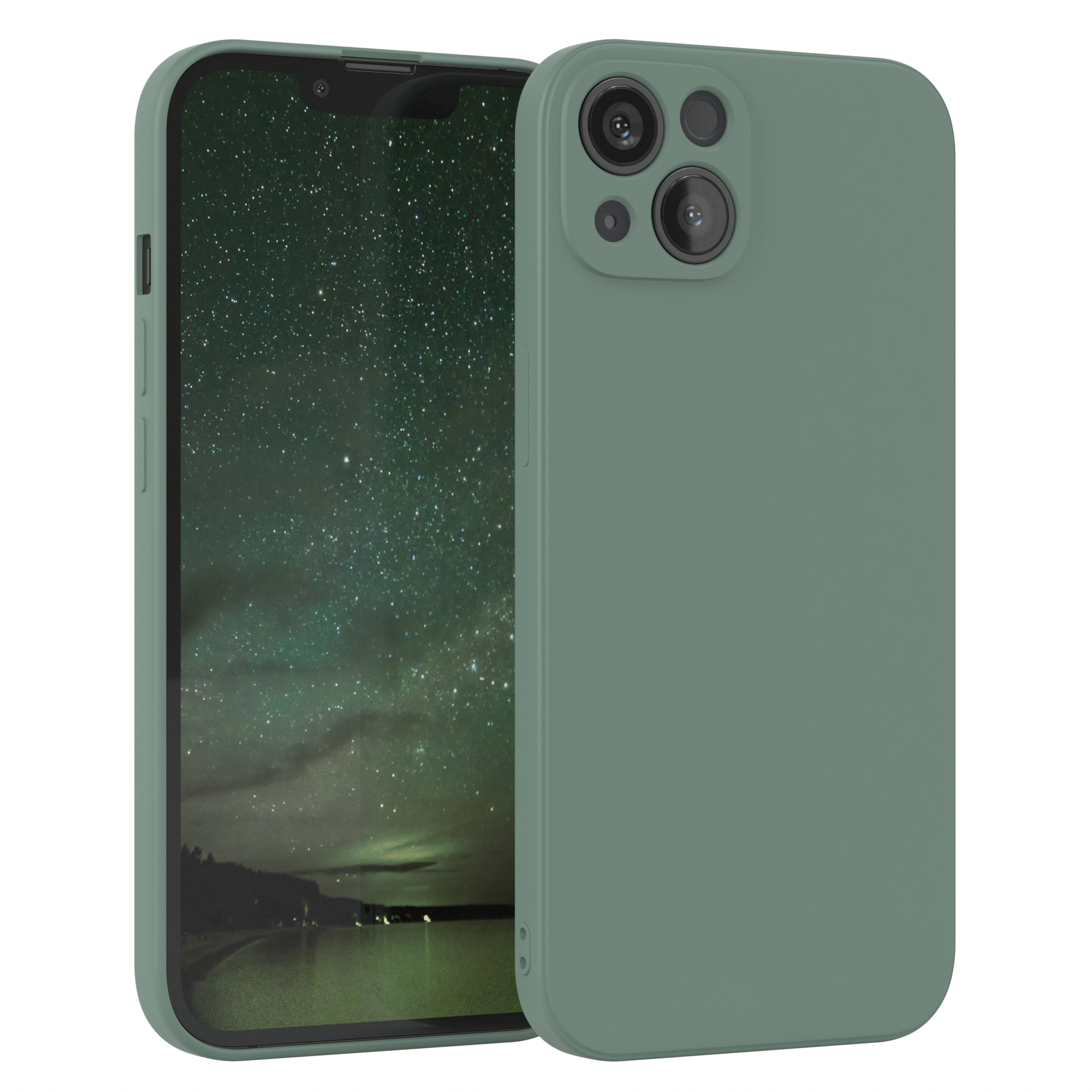 Eine grüne Handyhülle bedeckt ein Smartphone, im Hintergrund ein Sternennachthimmel.