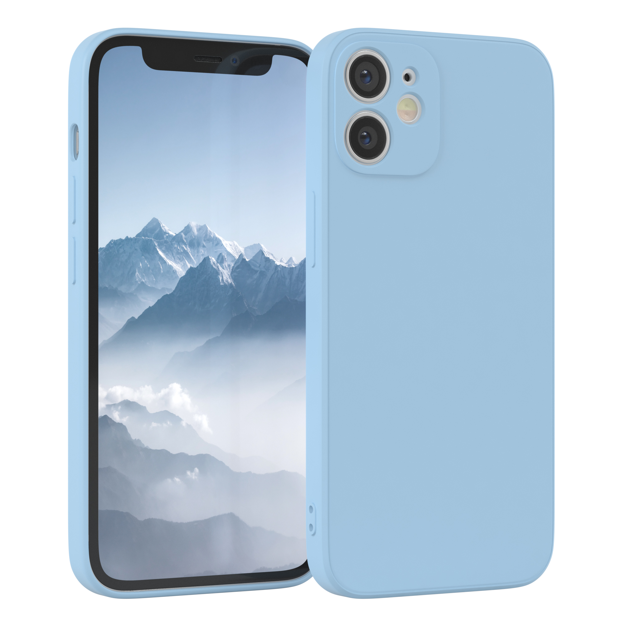 Eine hellblaue Handyhülle mit einem Handy darin, das eine Berg- und Himmelszene auf dem Bildschirm zeigt.