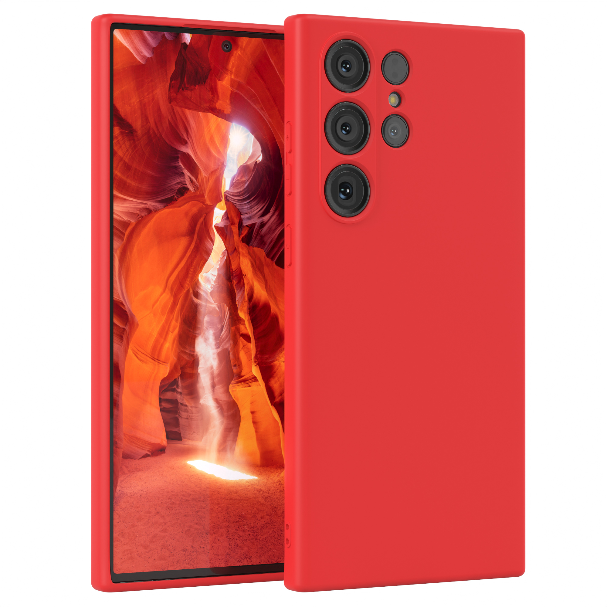 Rotes Smartphone mit Hülle, zeigt orange Felsformation auf dem Bildschirm.
