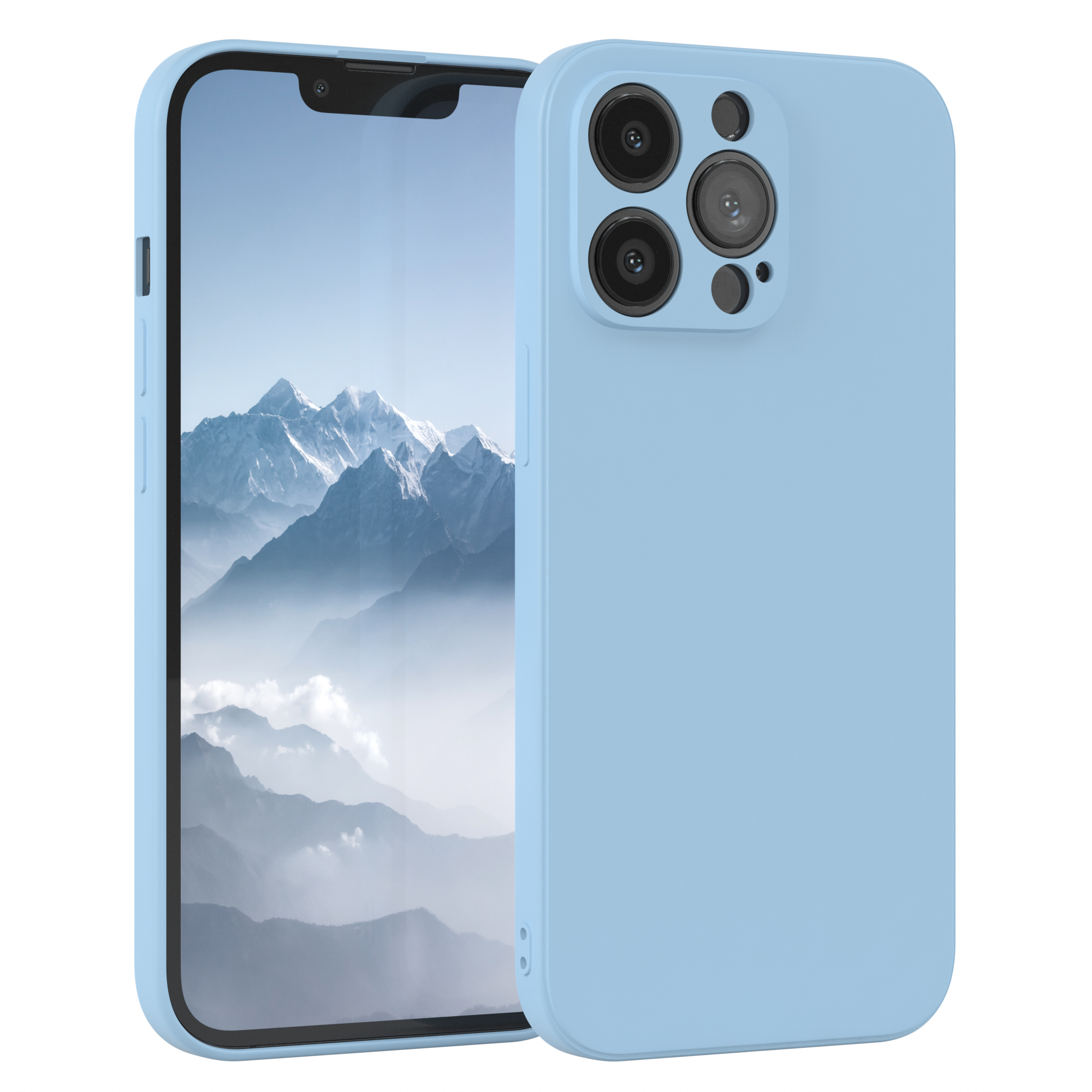 Hellblaue Handyhülle mit Telefon. Drei Kameralinsen sichtbar. Bildschirm zeigt Landschaft.