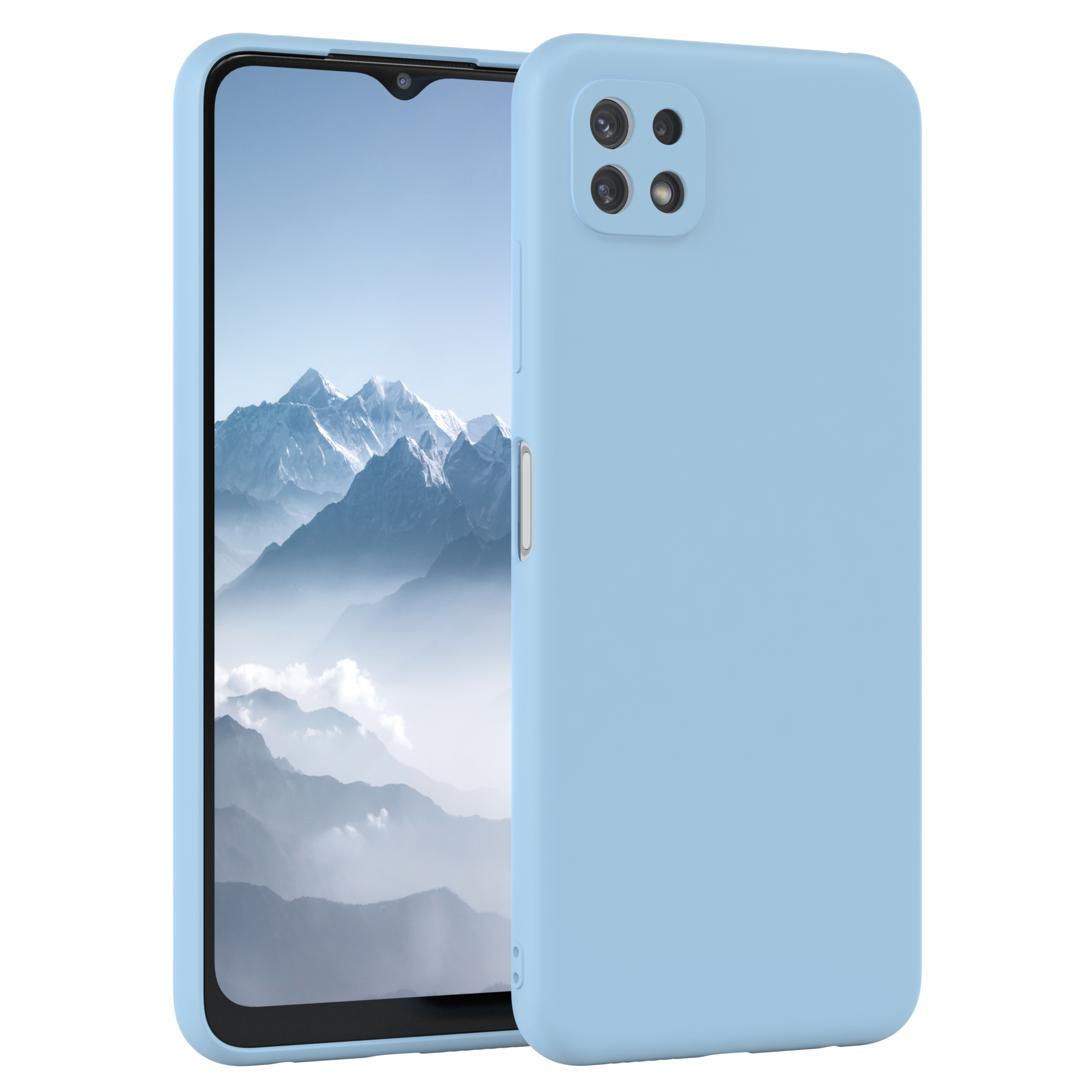 Hellblaue Handyhülle, schräge Ansicht, mit Telefon darin. Das Telefon hat einen schwarzen Bildschirm.