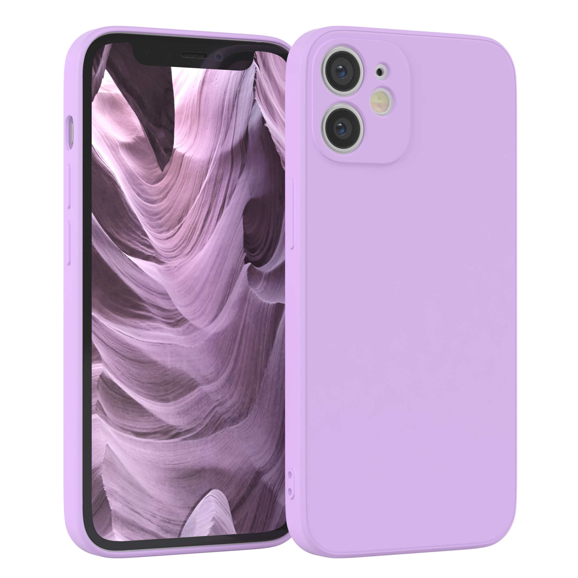 Lila Telefon mit Hülle, zeigt Bildschirm mit Kameraausschnitten.