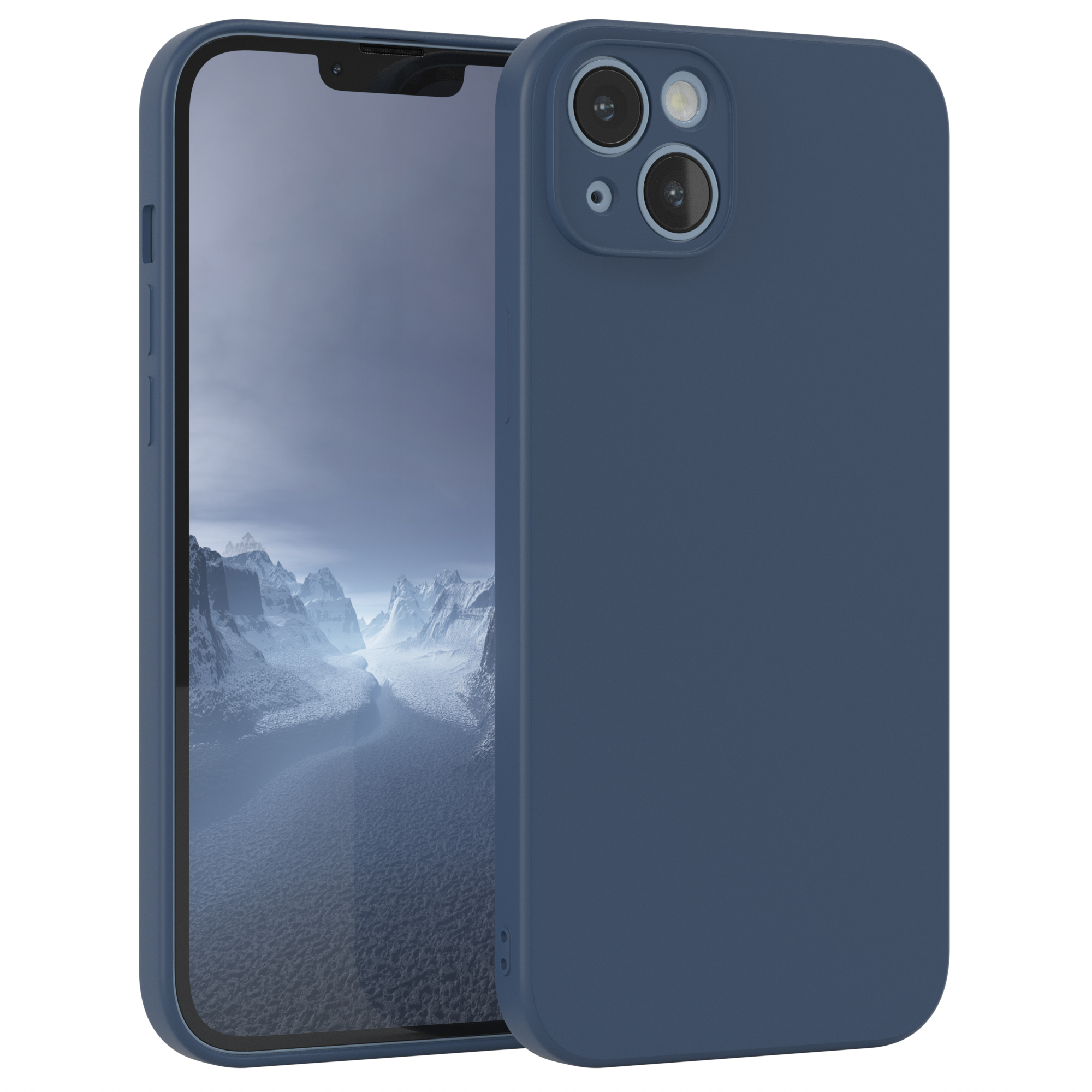 Eine blaue Handyhülle mit einem Telefon darin. Das Telefon zeigt eine Landschaft.