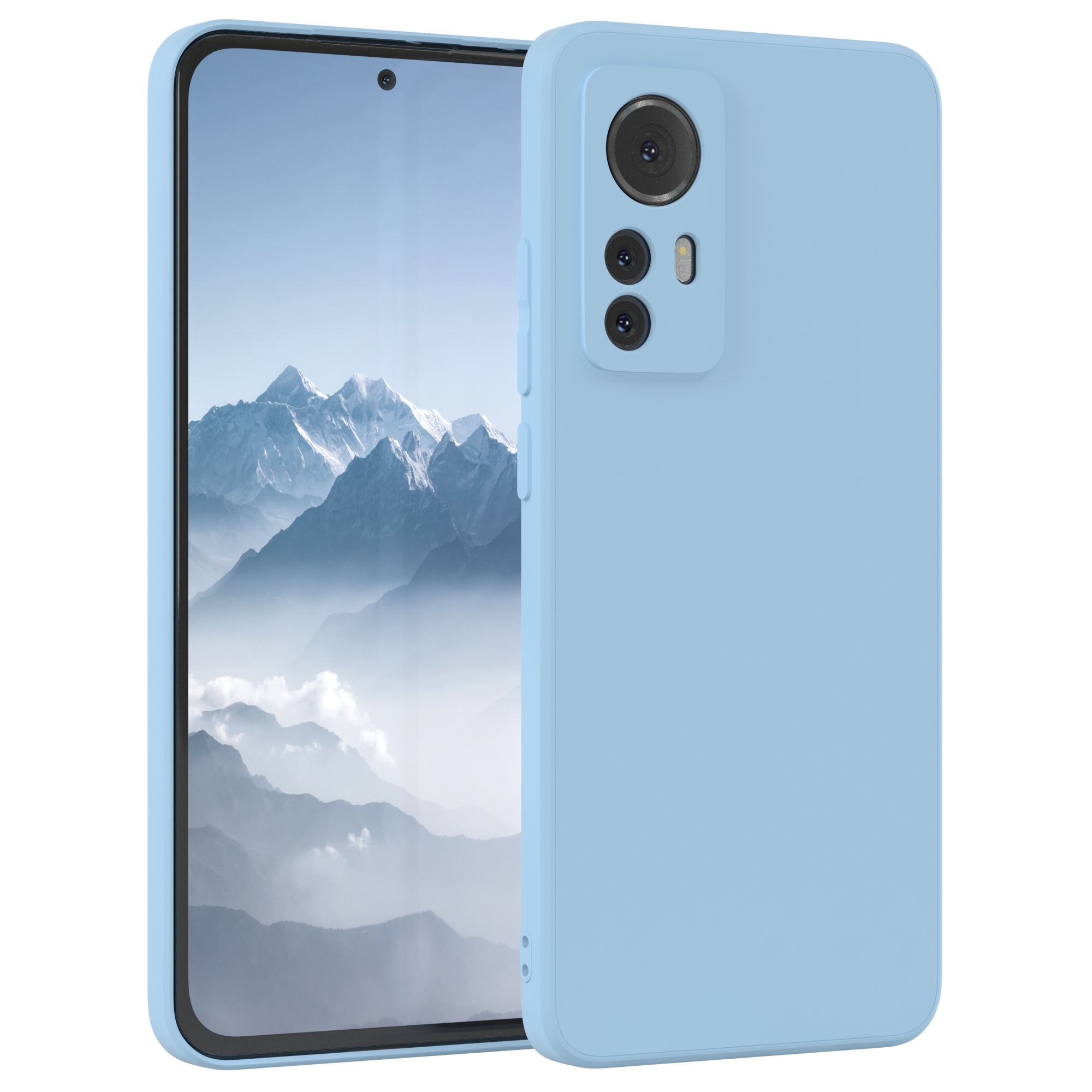 Ein hellblaues Telefon mit hellblauer Hülle. Das Telefon hat ein Kameramodul auf der Rückseite.