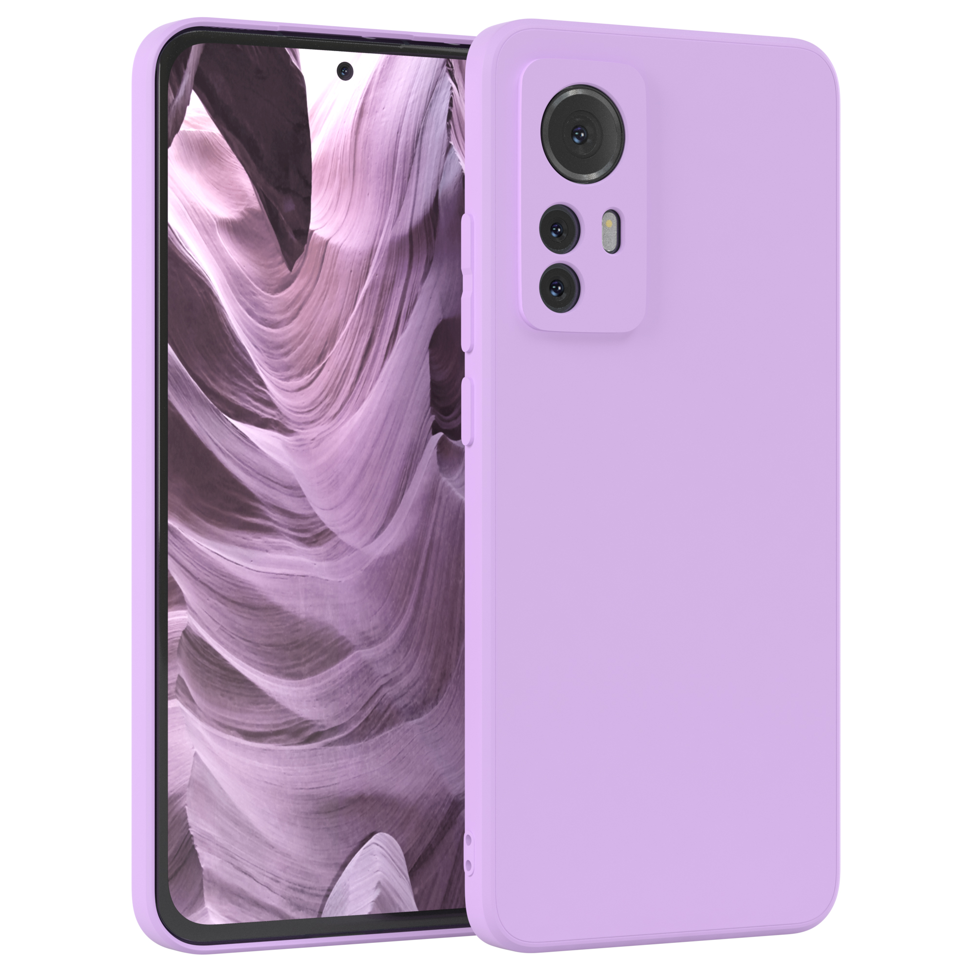 Eine lila Handyhülle mit einem Handy darin, das eine lila Felsformation zeigt.
