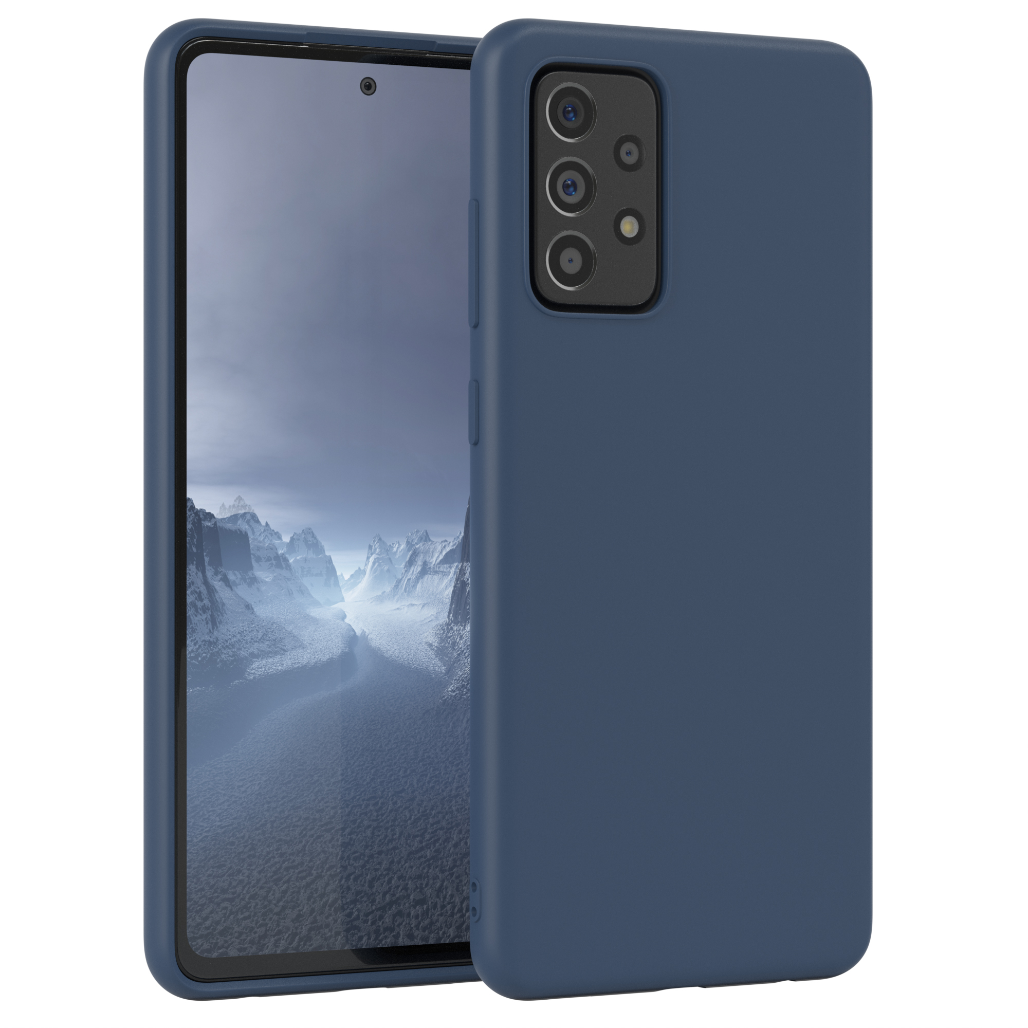 Ein marineblaues Telefon in einer marineblauen Hülle wird mit einer Seitenansicht der Hülle gezeigt.