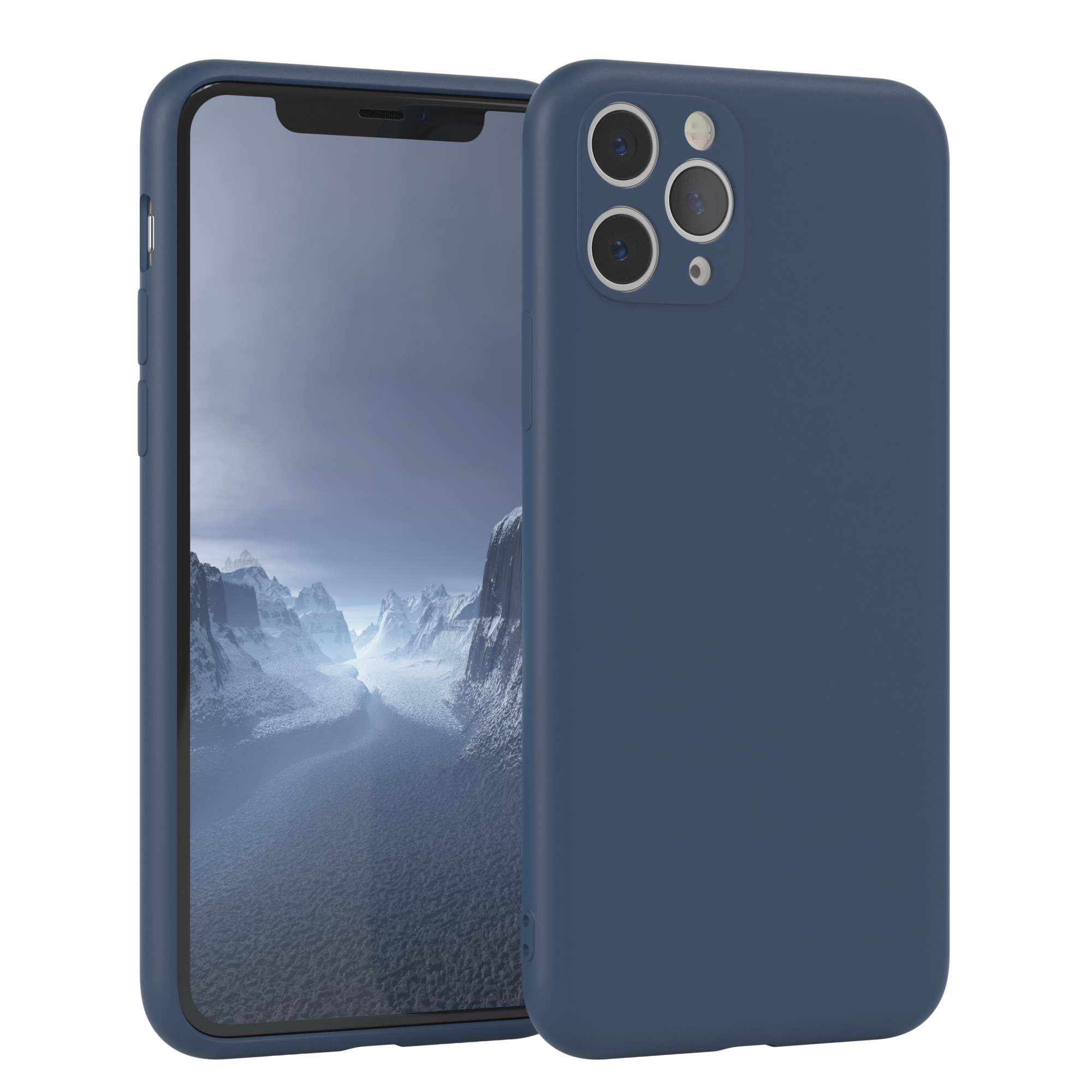 Marineblaue Handyhülle mit Telefon, Berglandschaft im Hintergrund.