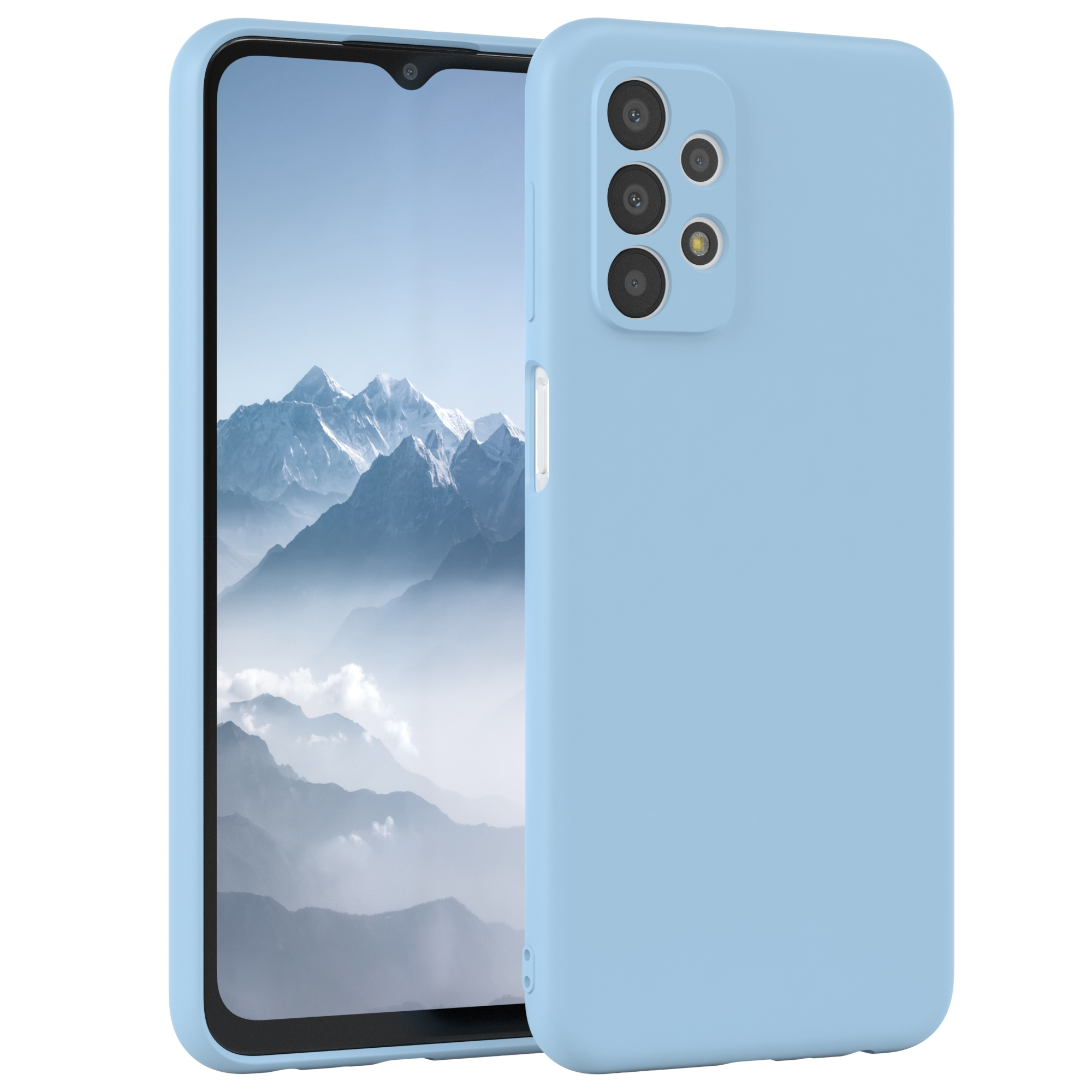 Blaues Telefon in Hülle, Rückseite mit Kameras, Bildschirm sichtbar, unscharfer Hintergrund.