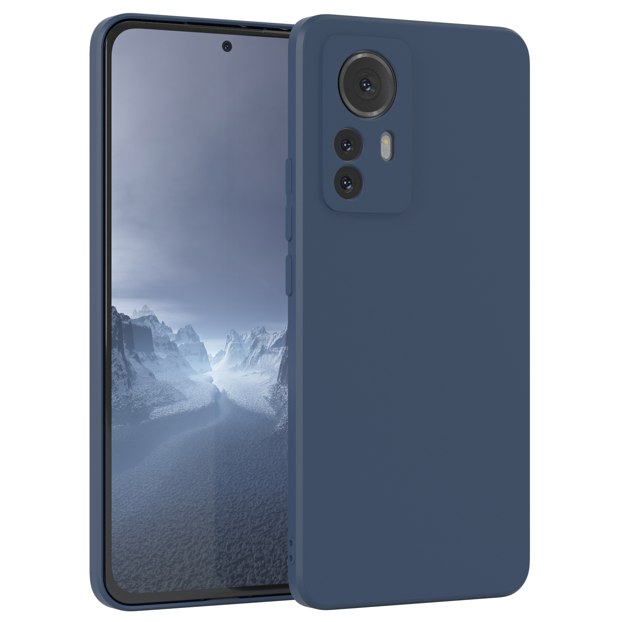 Eine blaue Telefonhülle, die die Kamera und die Tasten des Telefons zeigt, sowie ein Landschaftsbild auf dem Bildschirm.