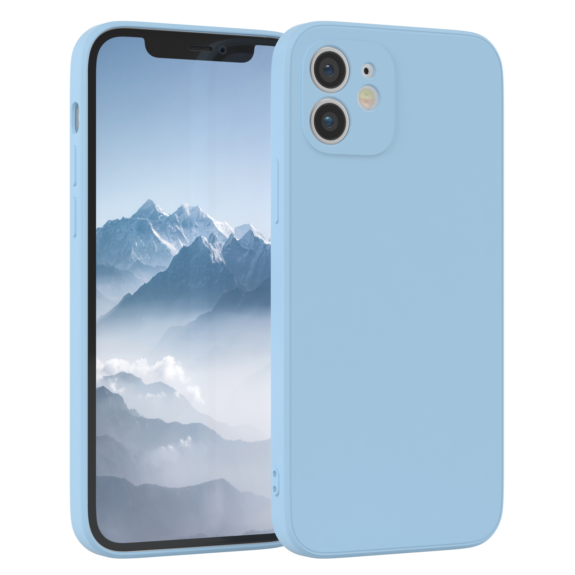 Hellblaue Handyhülle und Handy. Im Hintergrund eine Berglandschaft.