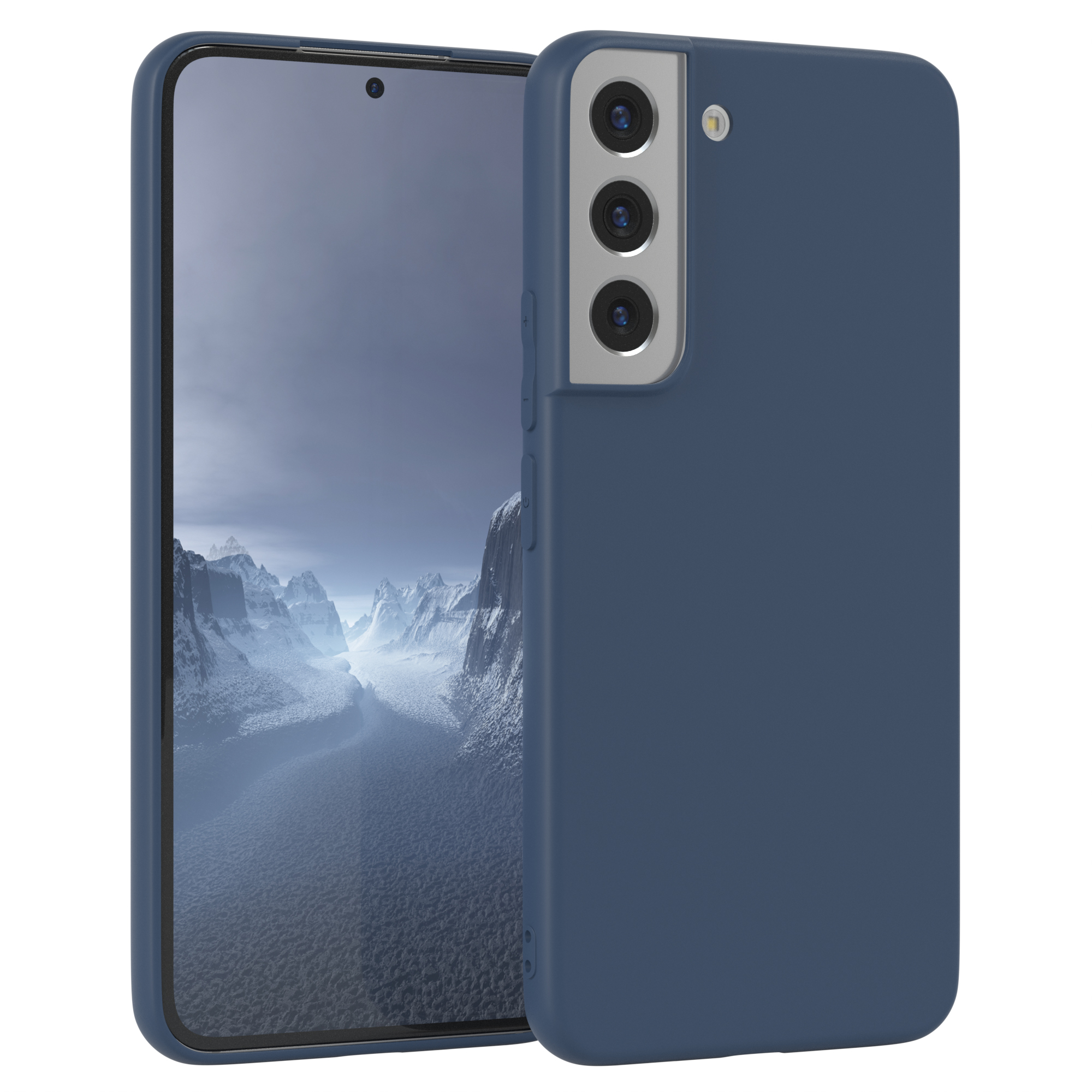 Dunkelblaue Handyhülle. Telefon zeigt verschneite Szene. Weißer Hintergrund.