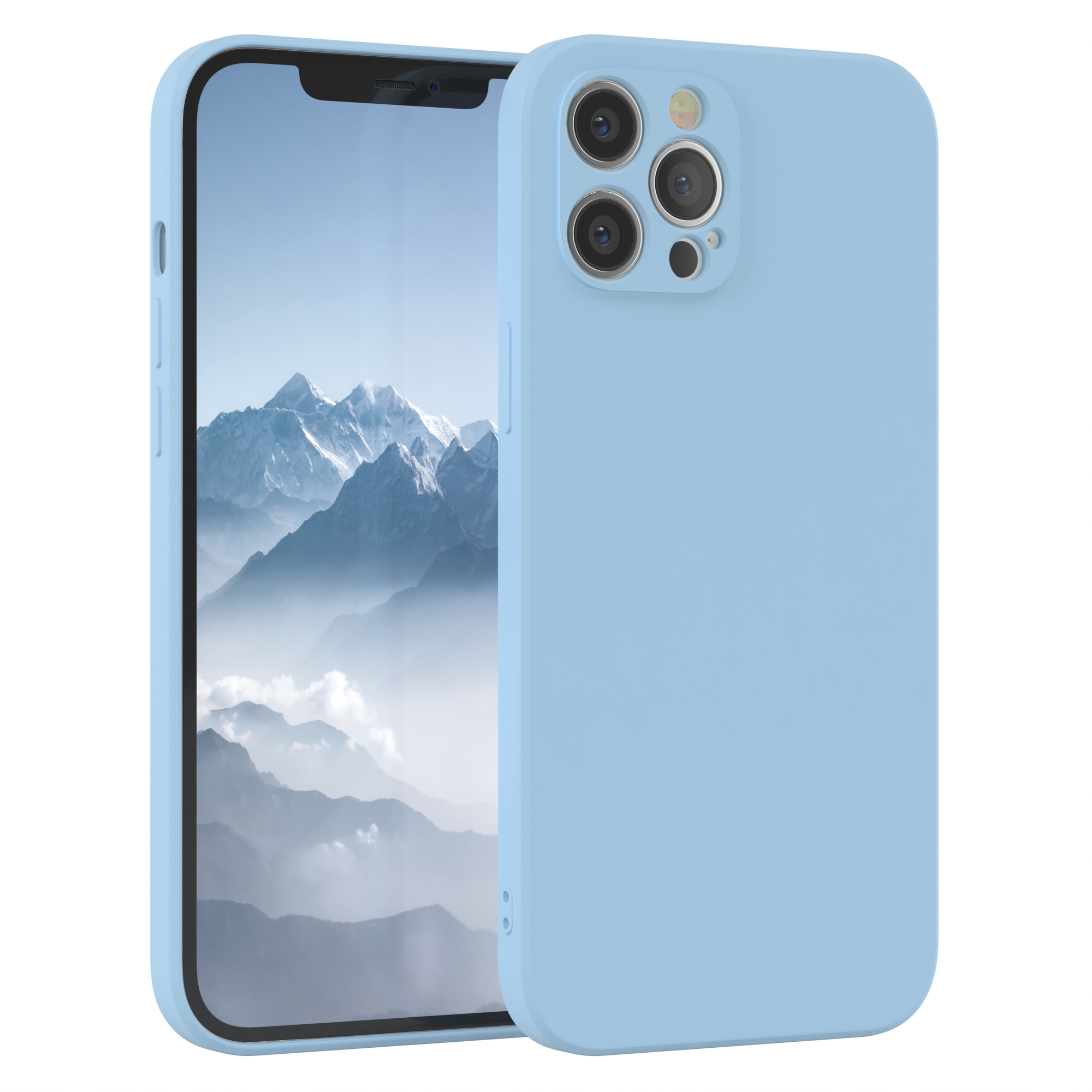 Eine hellblaue Handyhülle mit einem Telefon darin, das den Bildschirm des Telefons zeigt.