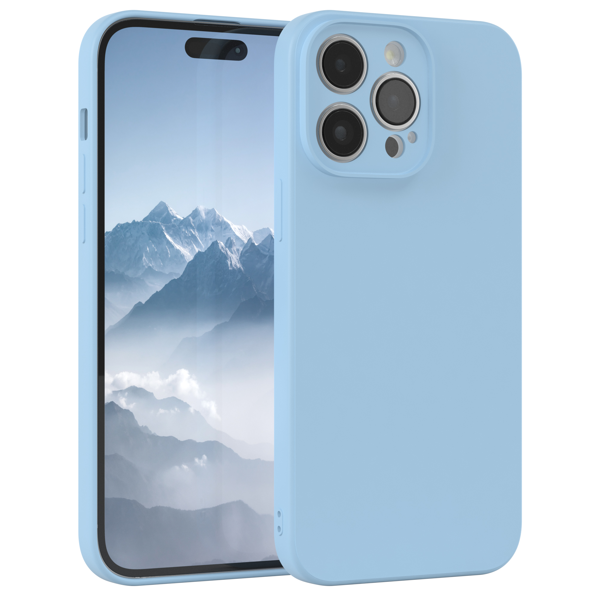 Blaue Handyhülle und Telefon, das Telefon zeigt einen Bildschirm mit Kamera.