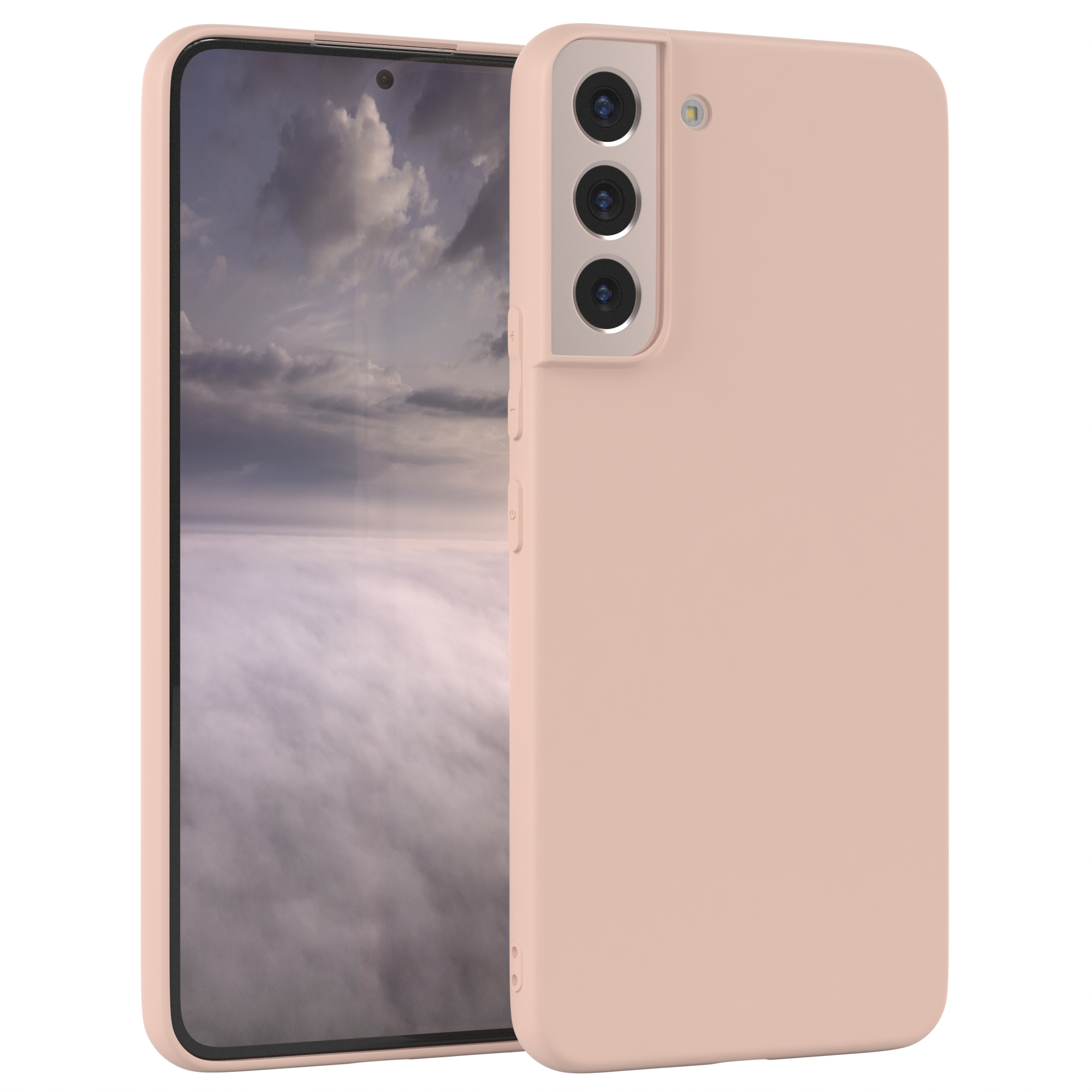 Rosa Handyhülle mit einem Handy links. Das Handy hat drei Kameras.
