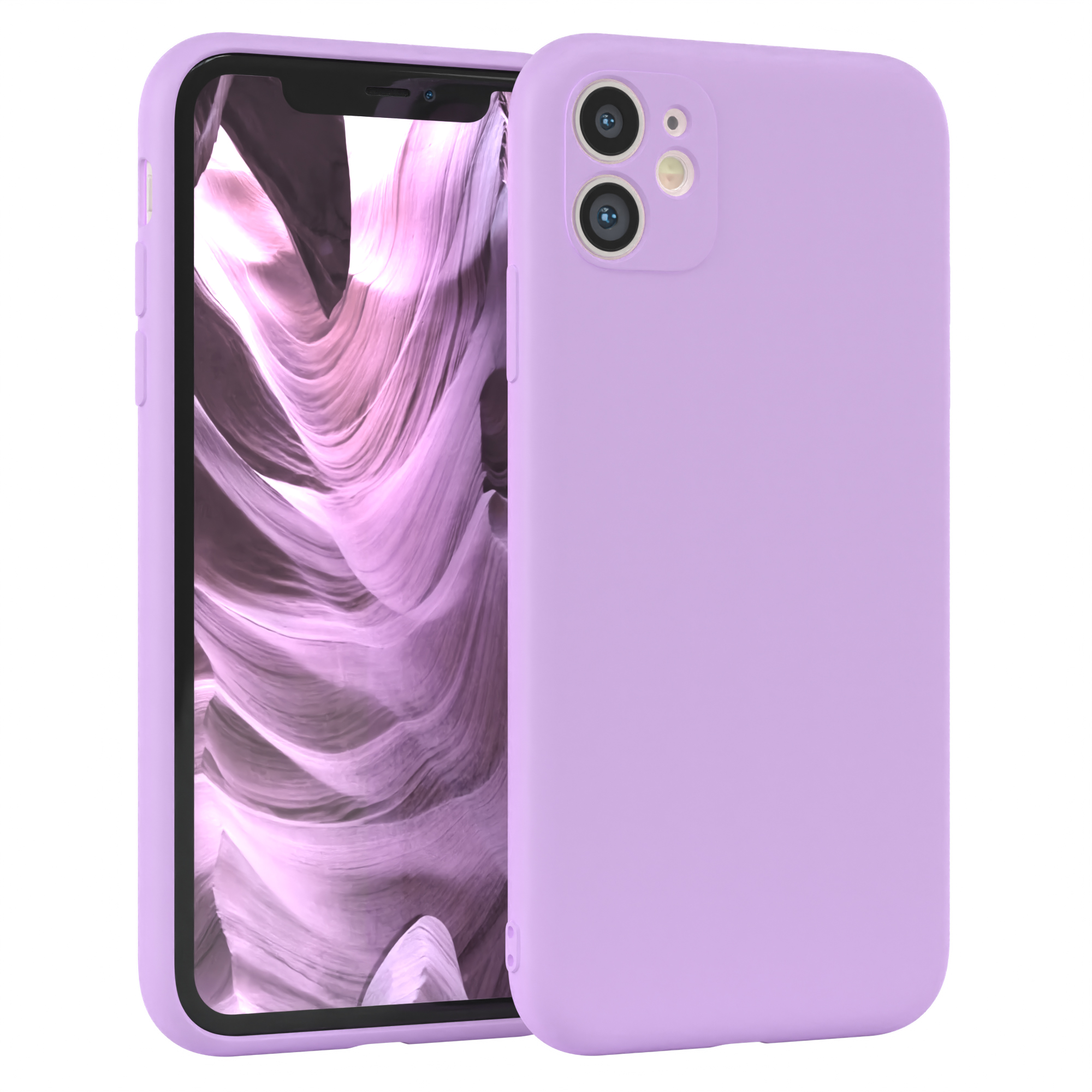 Lila Telefon mit Hülle, zeigt Landschaftsbild. Hülle bedeckt Rückseite und Seiten des Telefons.