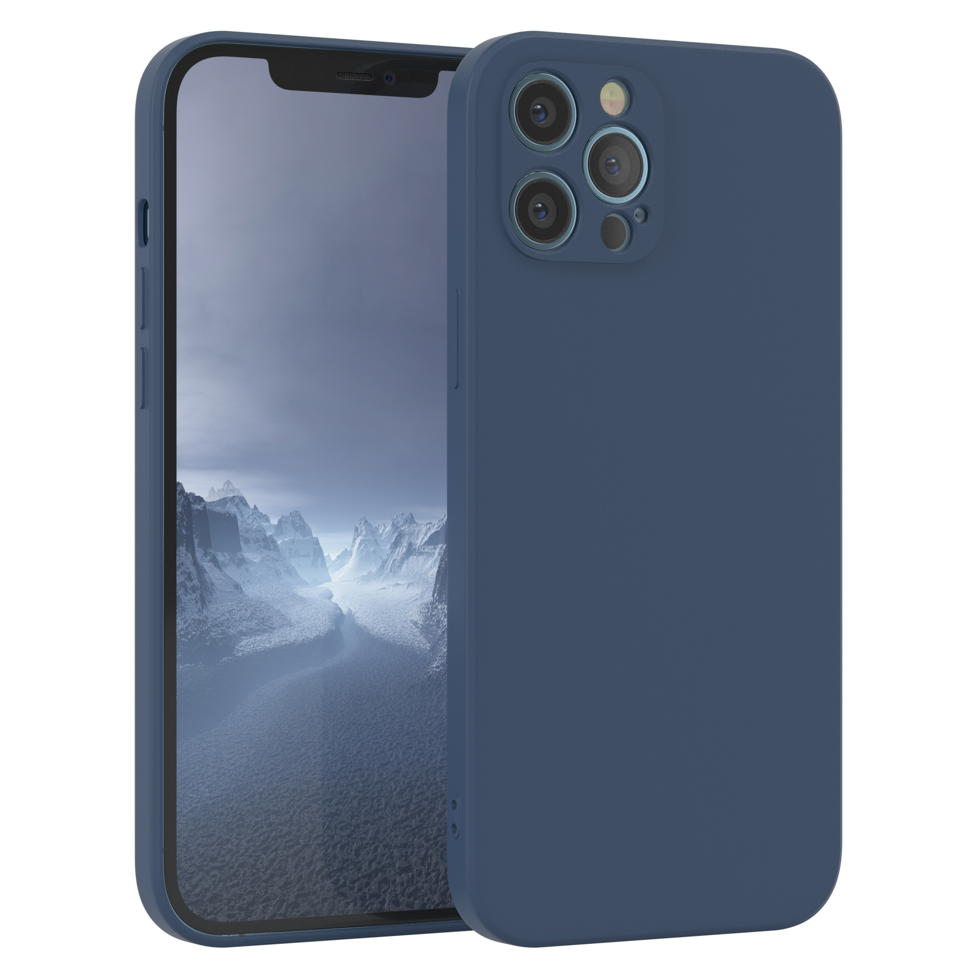 Dunkelblaue Handyhülle mit Handy. Der Bildschirm ist sichtbar.