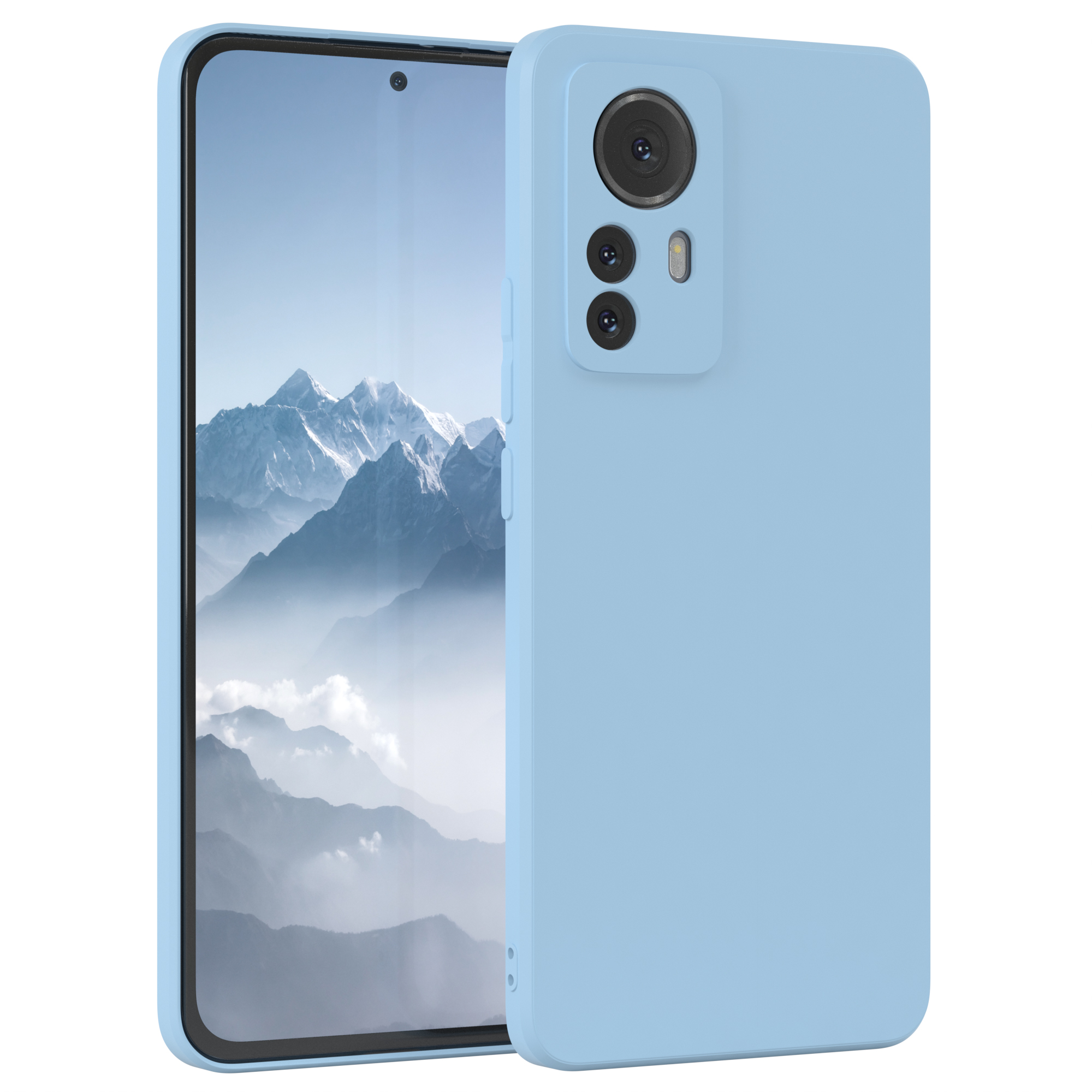 Hellblaues Telefon mit Hülle, zeigt den Bildschirm und die Hülle daneben.