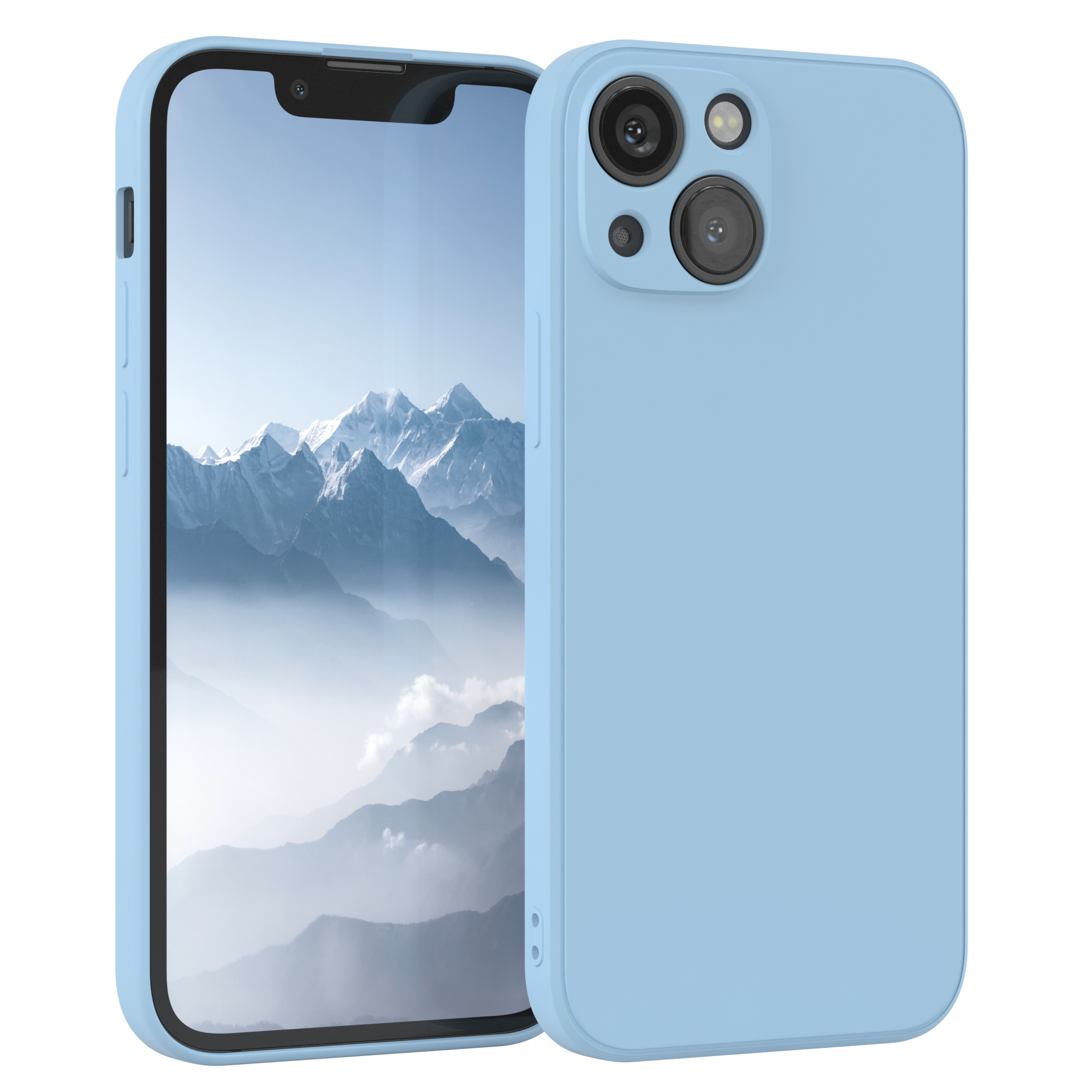 Hellblaues Telefon mit Hülle, zeigt den Bildschirm und die Hülle daneben.