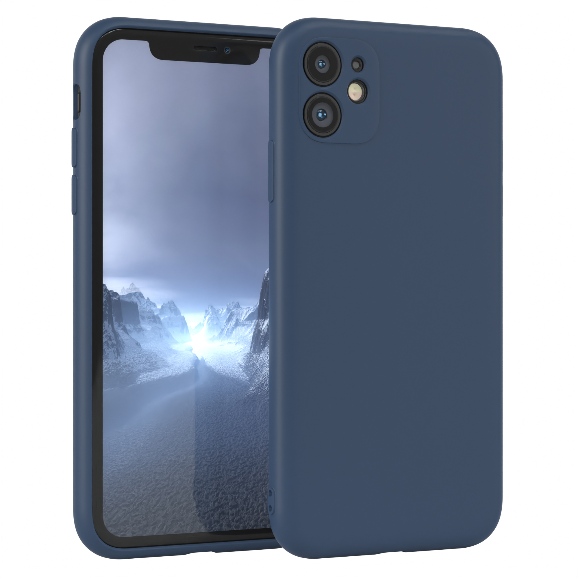 Eine blaue Handyhülle mit einem Telefon darin, das eine blau-weiße Landschaft zeigt.