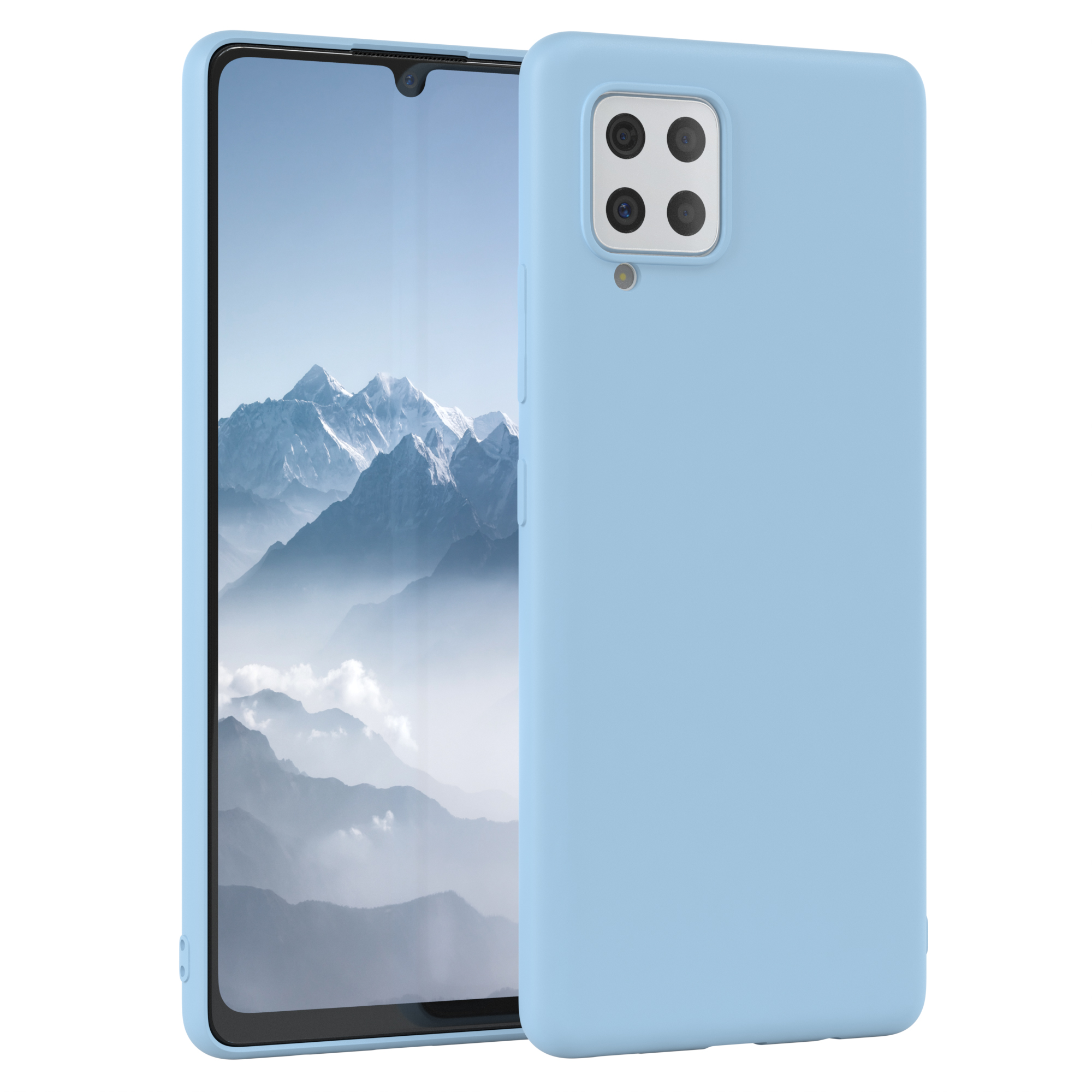 Hellblaue Handyhülle, zeigt die Kamera und Tasten des Telefons sowie das Display des Telefons.