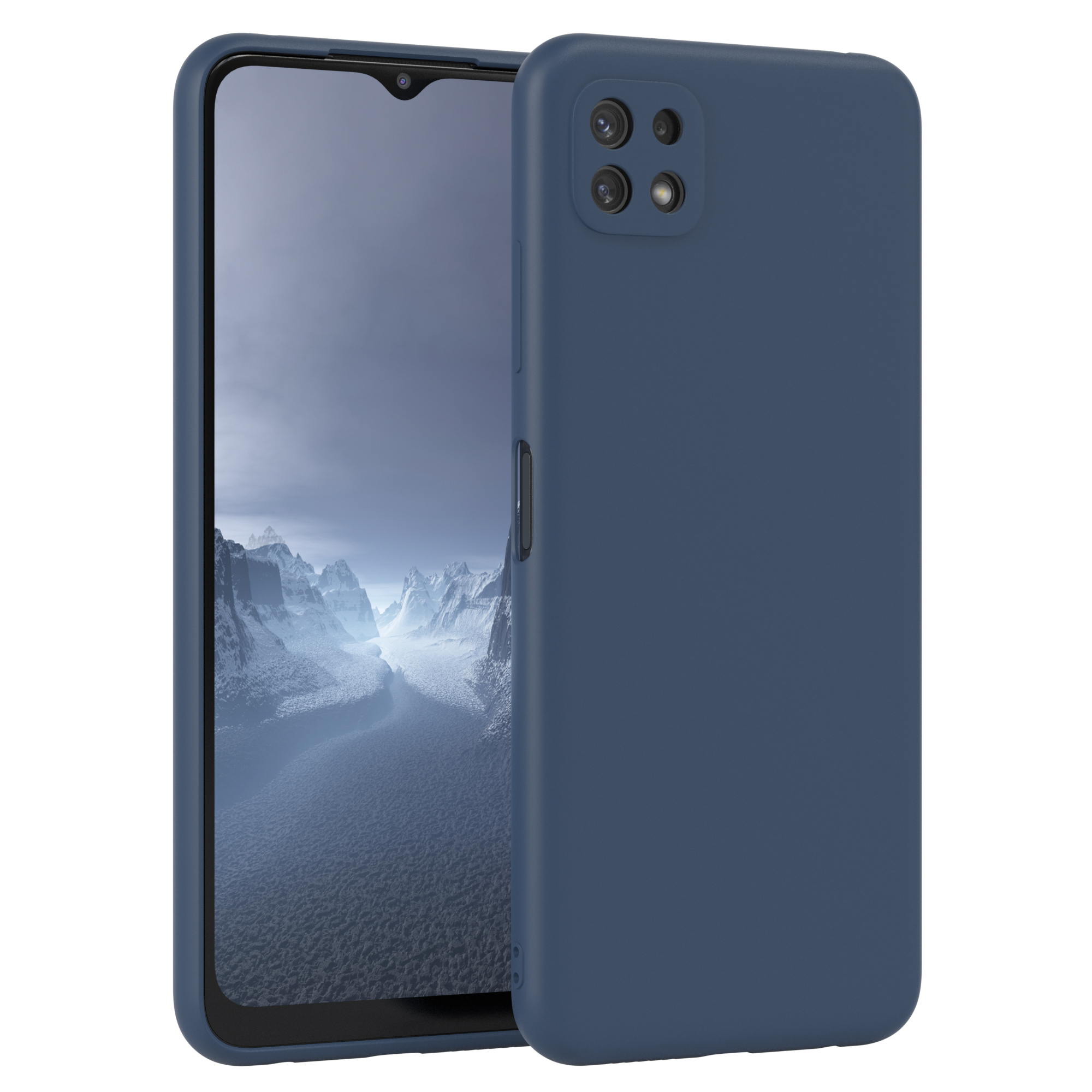 Ein blaues Telefon mit Hülle. Das Telefon zeigt den Bildschirm an. Der Hintergrund ist hellblau-grau.