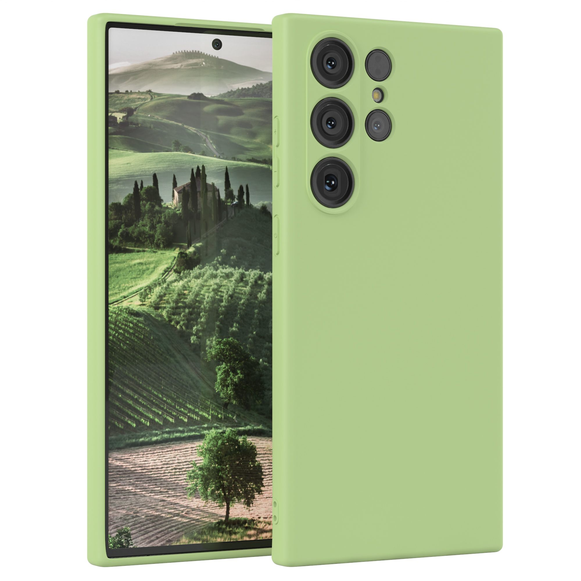 Grüne Handyhülle mit Telefon darin. Eine Landschaft mit einem Gebäude und Bäumen auf dem Bildschirm.