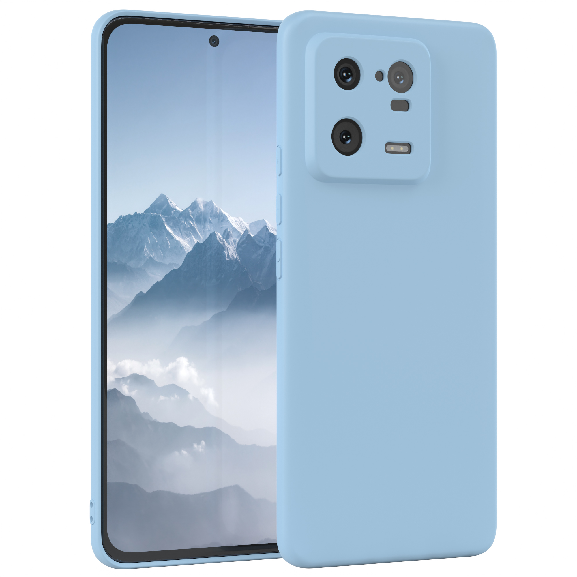 Blaues Telefon mit Hülle. Zwei Kameras. Bildschirm zeigt blaues abstraktes Bild.