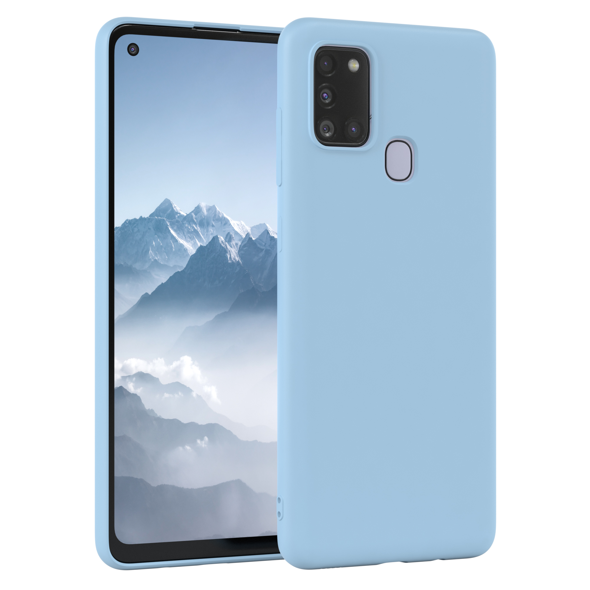 Eine hellblaue Handyhülle mit einem Handy darin, das den Bildschirm zeigt. Das Handy hat mehrere Kameras.