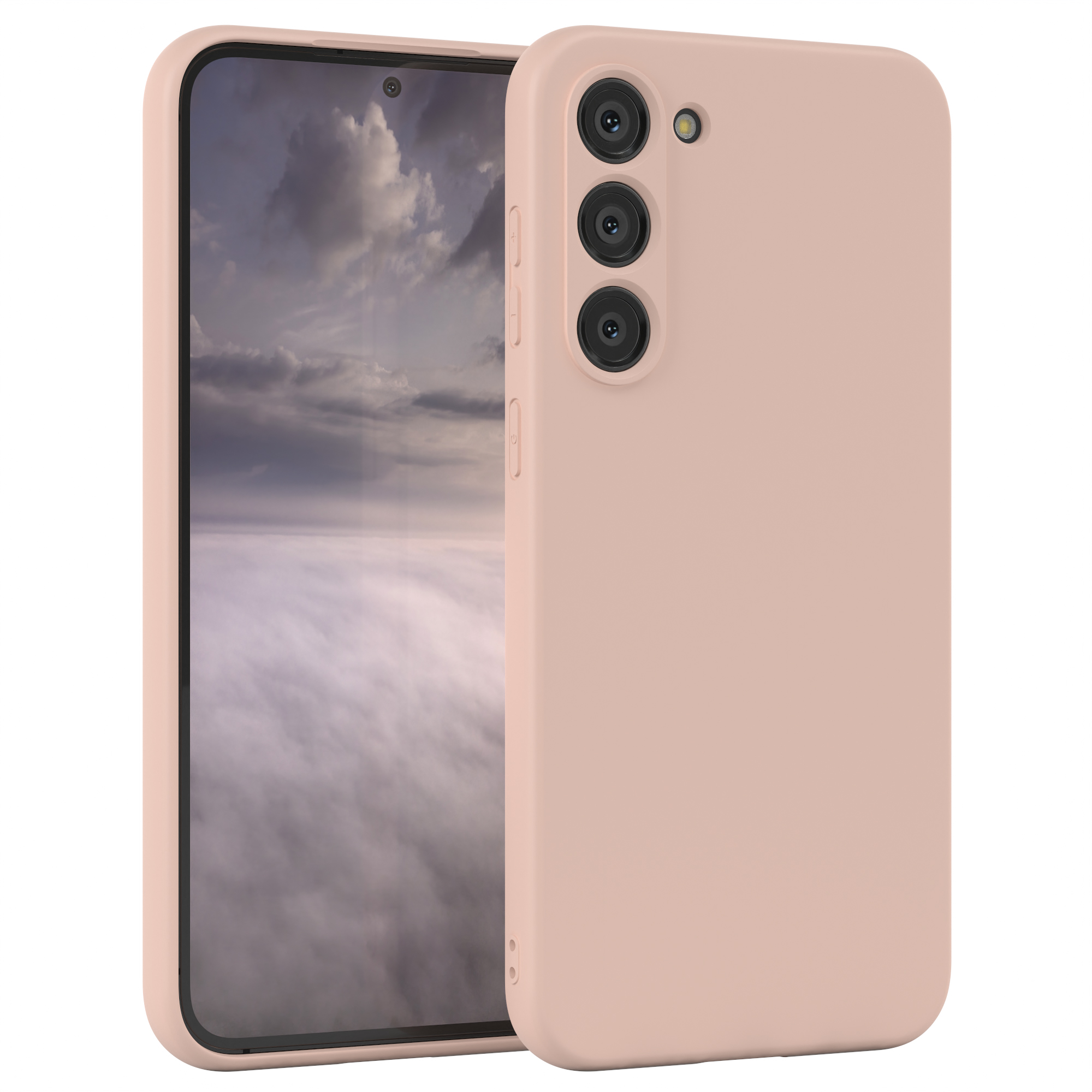 Rosa Telefon mit Hülle. Das Telefon ist links und eine rosa Hülle ist rechts.