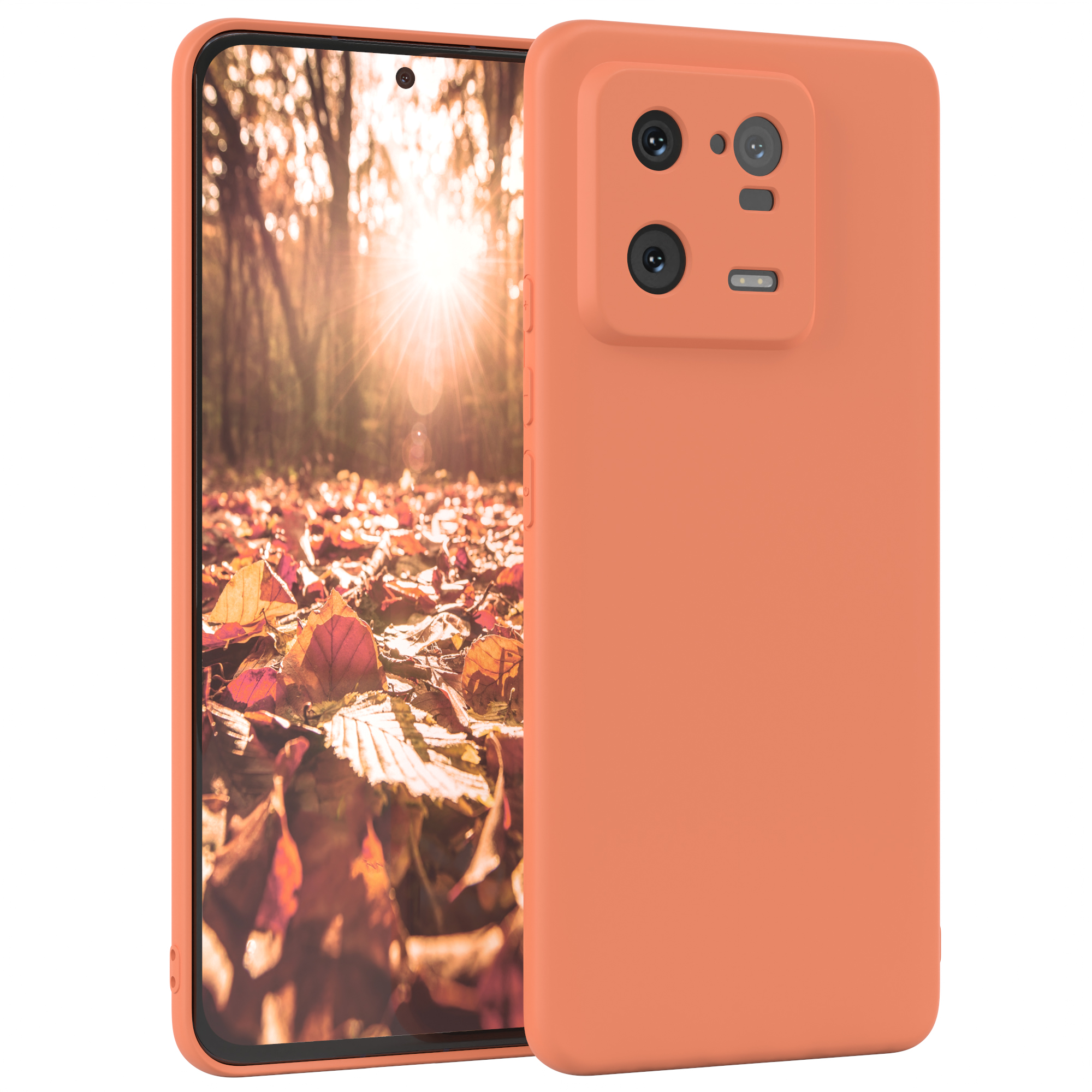 Orangefarbene Handyhülle mit Telefon, das die Kameralinsen und das Design zeigt.