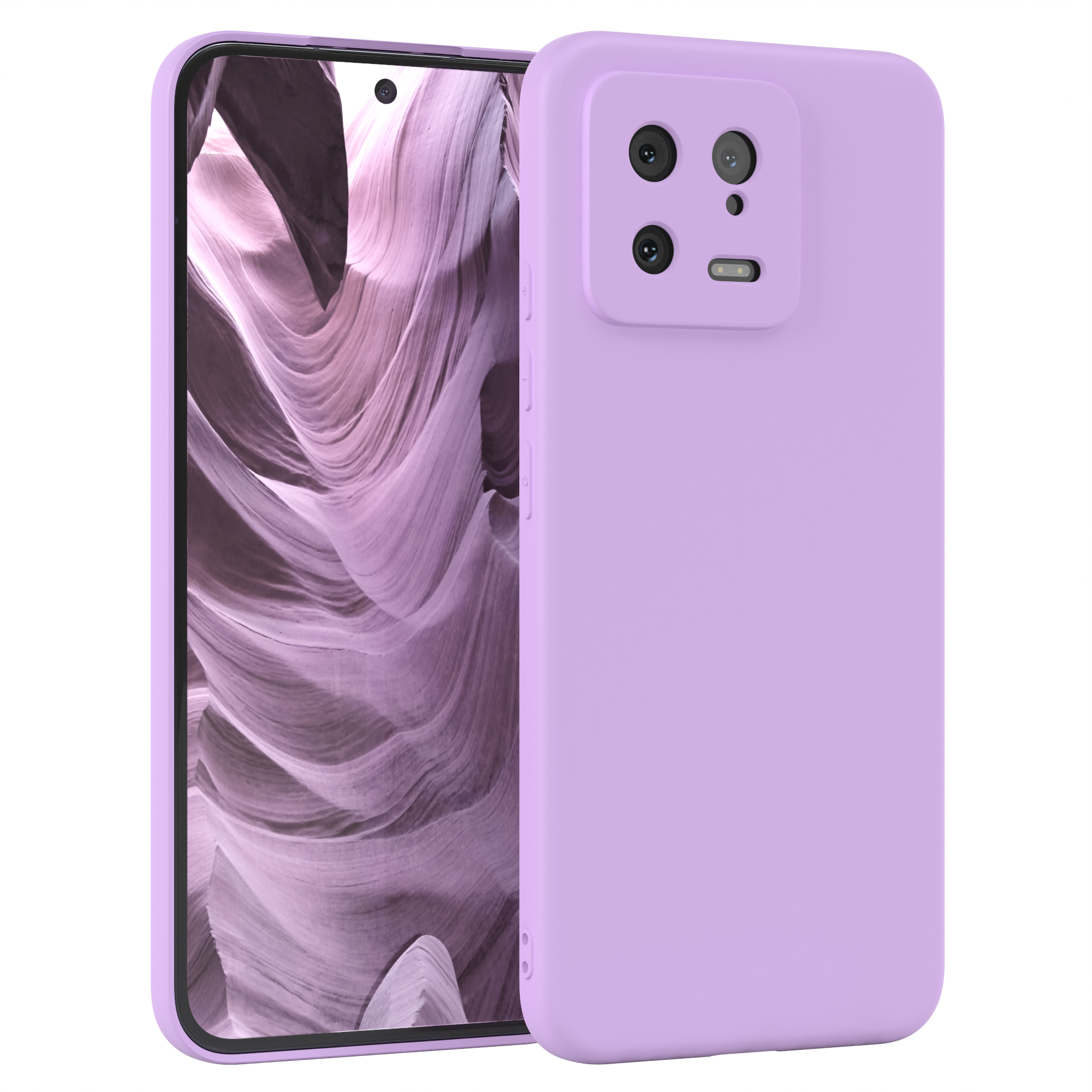 Lila Handy mit Hülle, Rückseite mit Kameras, Bildschirm sichtbar. Hintergrund hat Steintextur.