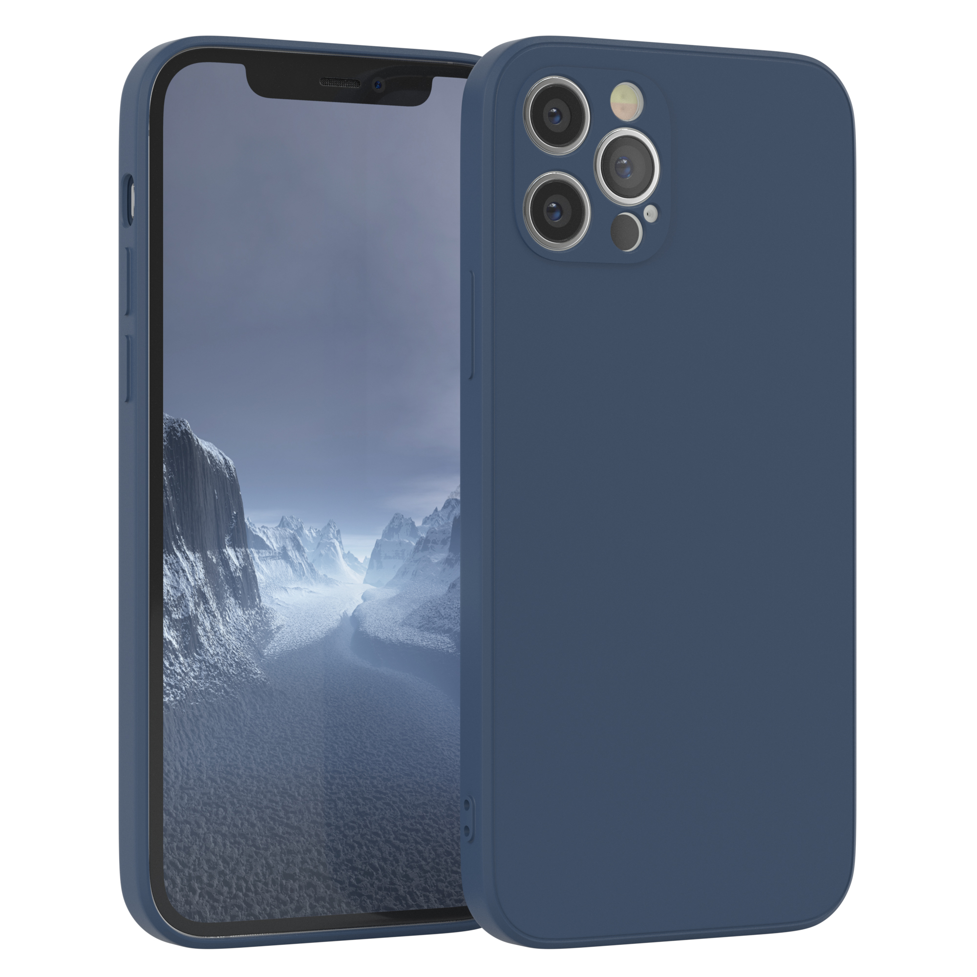 Eine blaue Handyhülle auf einem Telefon, der Hintergrund zeigt eine dunkelblaue Landschaft.
