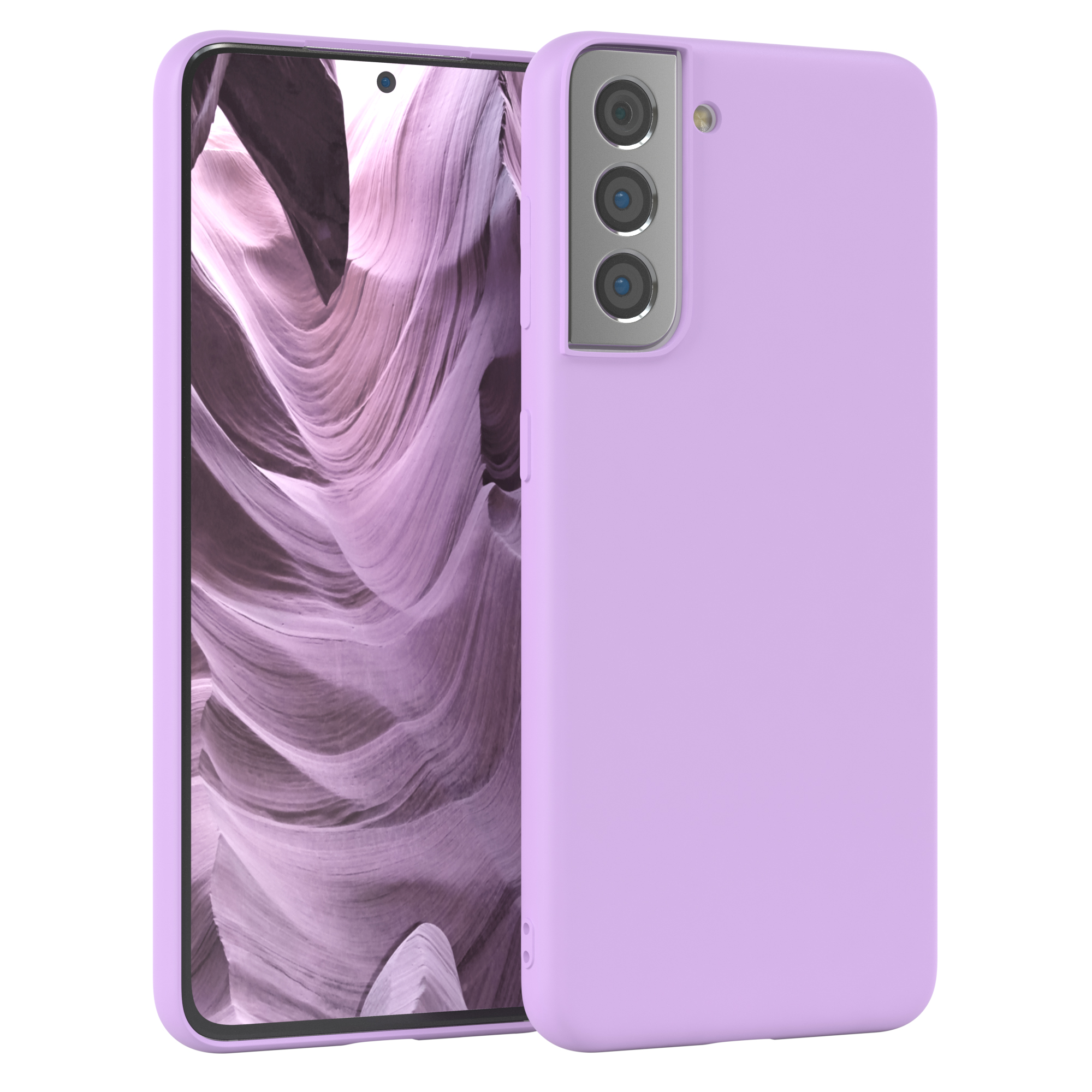 Lilafarbene Handyhülle mit Handy. Bildschirm ist sichtbar.