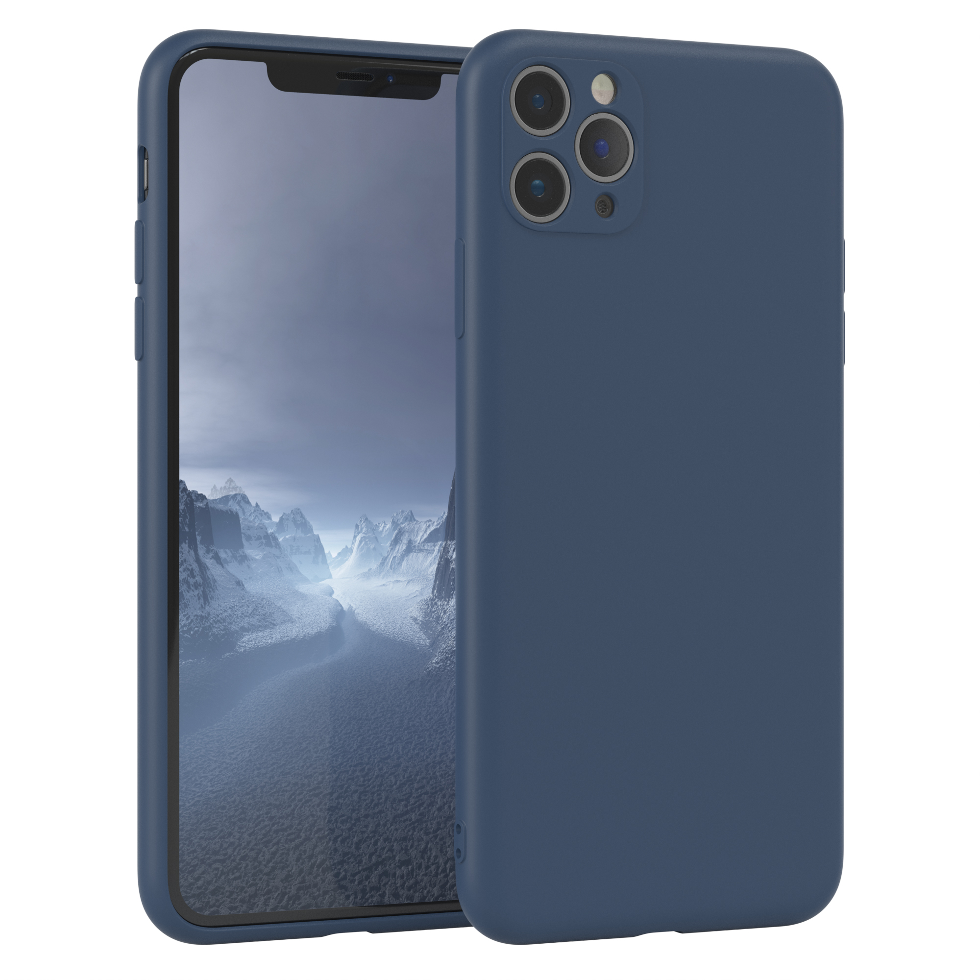 Ein dunkelblaues Telefon mit Hülle. Das Telefon hat einen Bildschirm, die Hülle bedeckt die Rückseite.