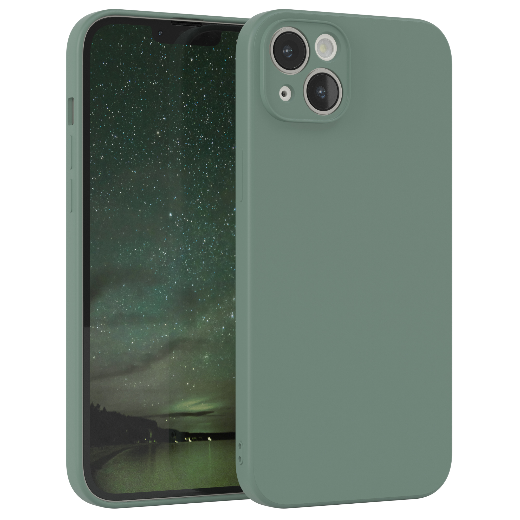 Grüne Handyhülle und Telefon mit Sternenhimmel-Hintergrund auf dem Bildschirm.
