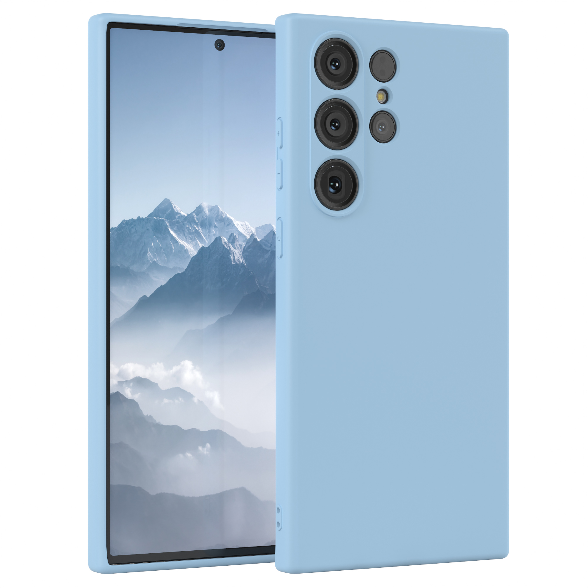 Zwei hellblaue Handyhüllen, eine zeigt ein Telefon mit Bergen.