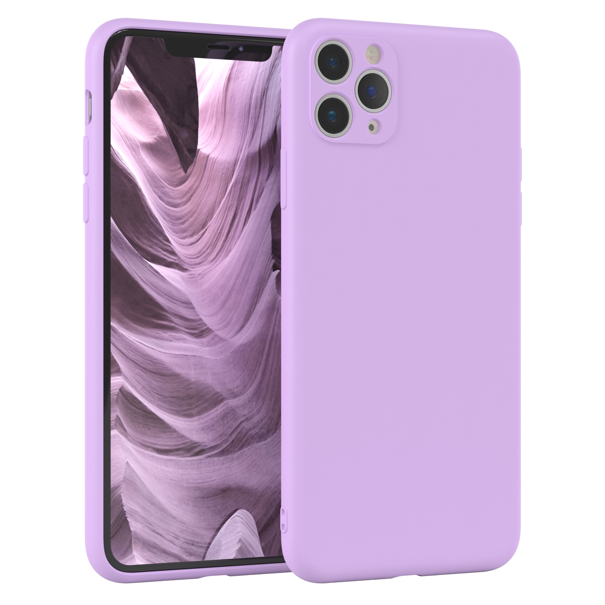 Helllila Telefon mit Hülle. Das Display hat ein wellenförmiges Muster.