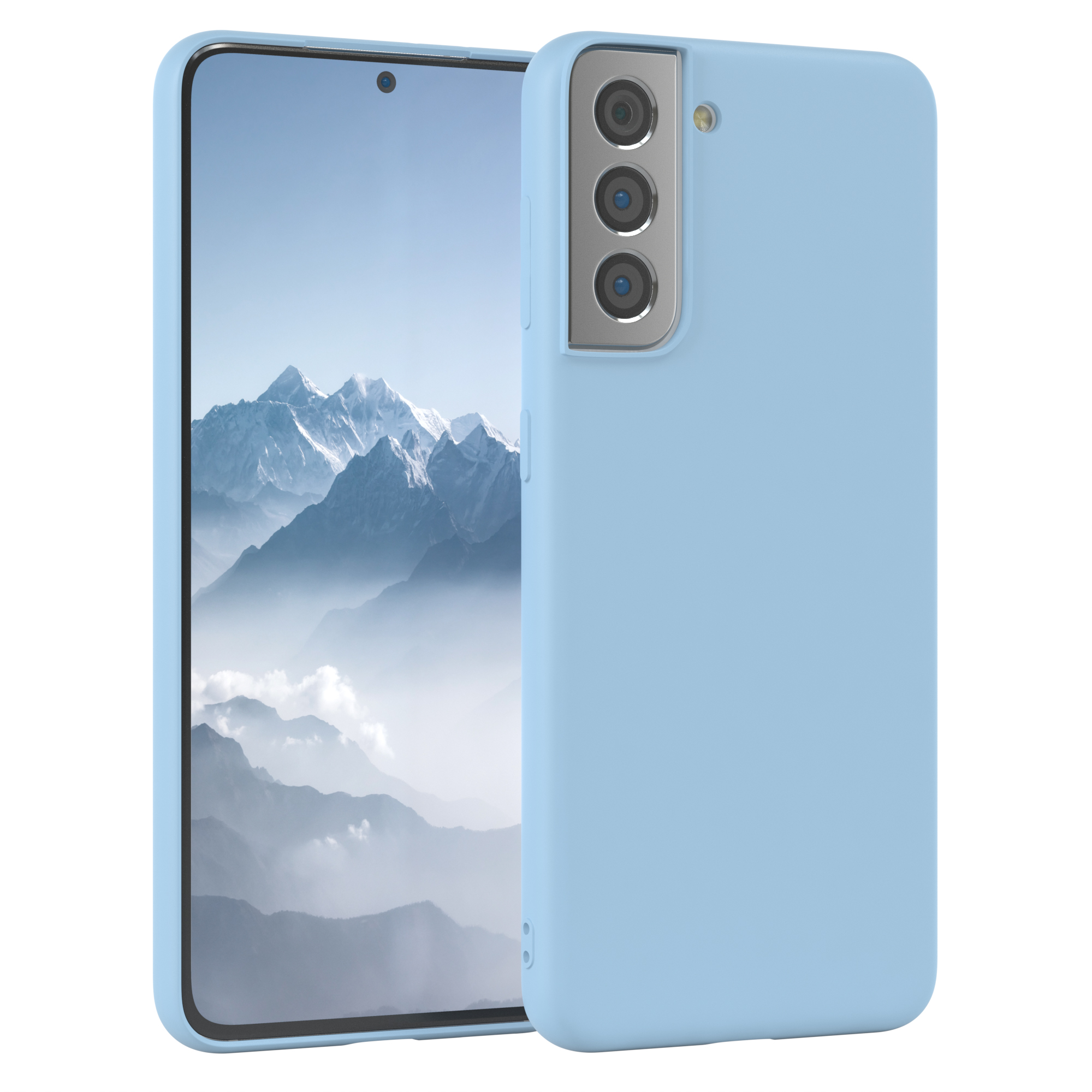 Eine hellblaue Handyhülle bedeckt ein Smartphone, ein blauer Himmel im Hintergrund.