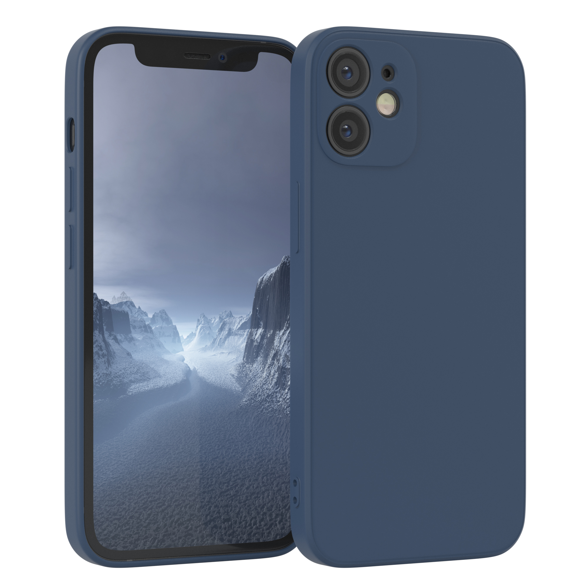 Blaues Telefon mit Hülle, Bildschirm zeigt schneebedeckte Berge. Die Hülle hat Linsen.