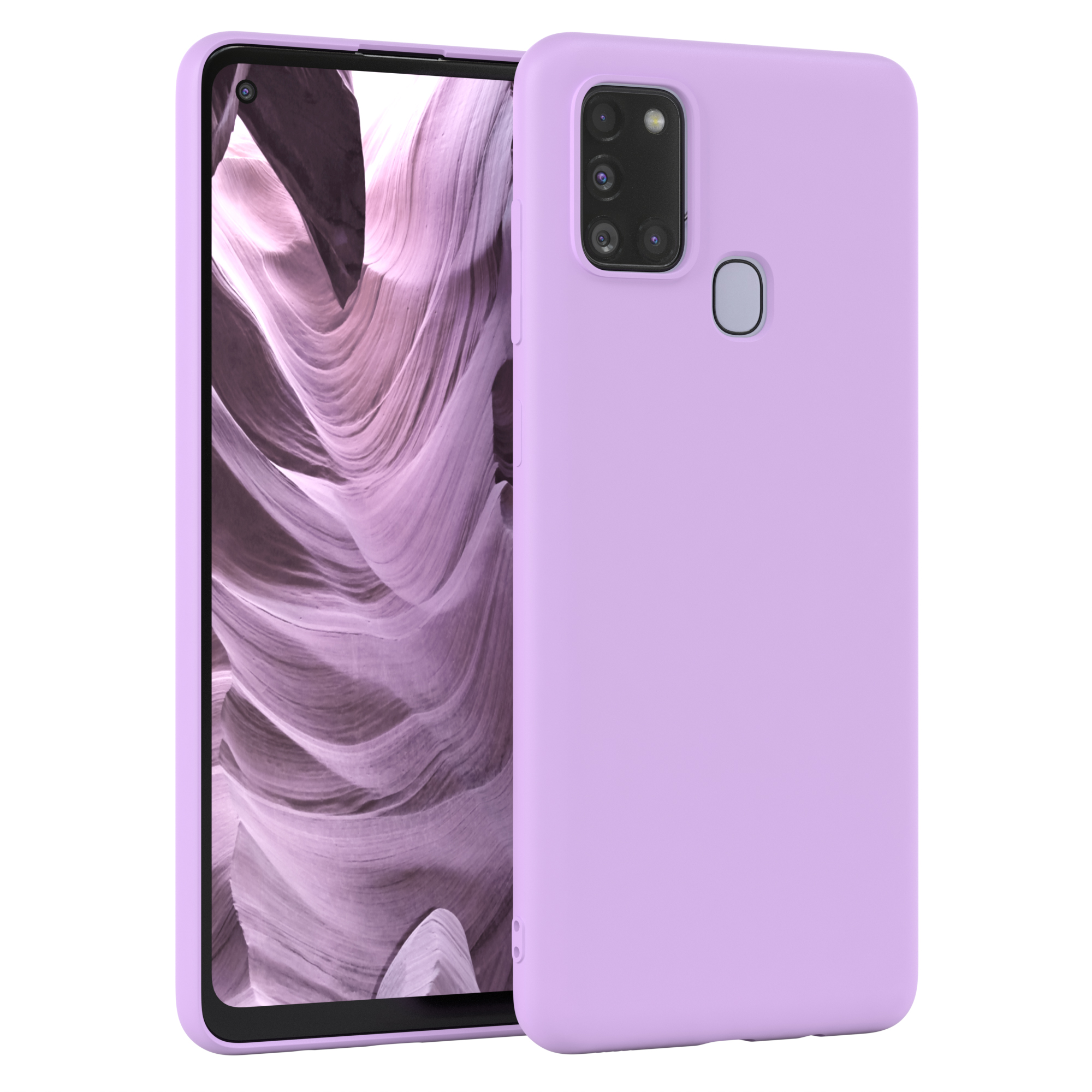 Lila Smartphone mit Hülle, zeigt Landschaft auf dem Bildschirm.