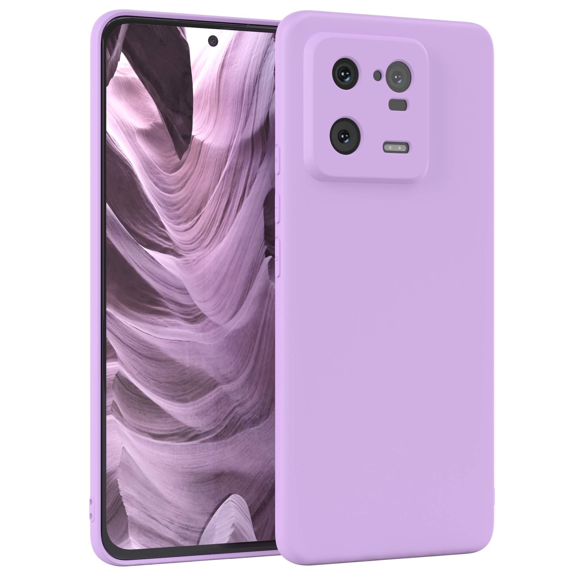Lila Handyhülle mit Telefon. Das Telefon zeigt Landschaft mit lila Hintergrund.