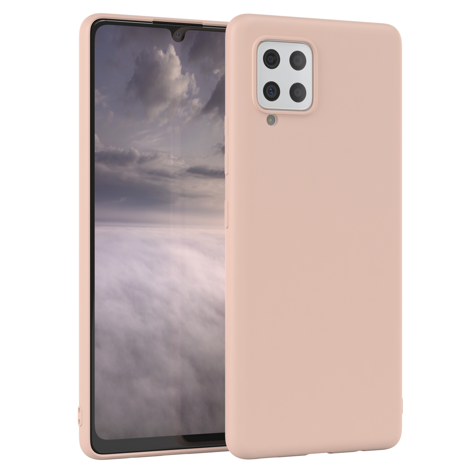 Eine pfirsichfarbene Handyhülle mit vier Kameras. Die Hülle bedeckt die Rückseite eines Smartphones.