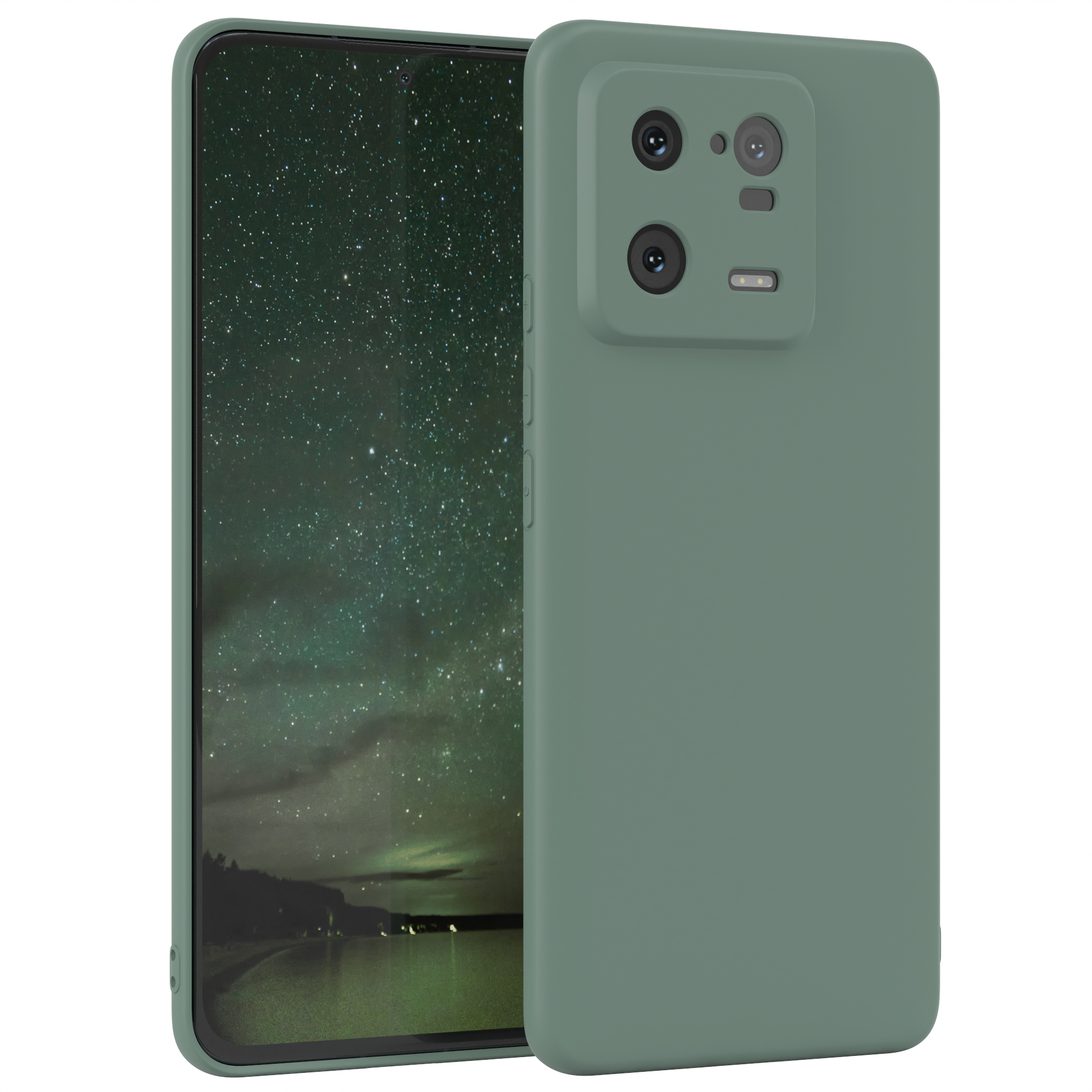 Grünes Telefon mit Hülle, Rückseite mit Kameras, Bildschirm sichtbar. Dunkelgrüner Hintergrund.