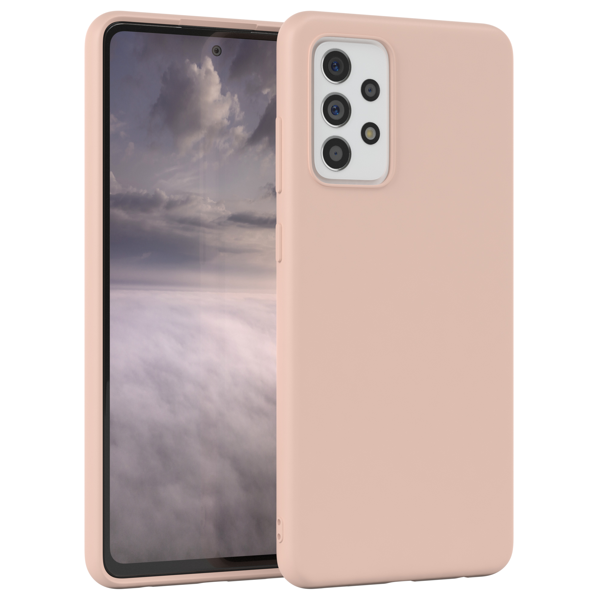 Eine rosa Handyhülle mit einem rosa Telefon und einem bewölkten Himmel im Hintergrund.