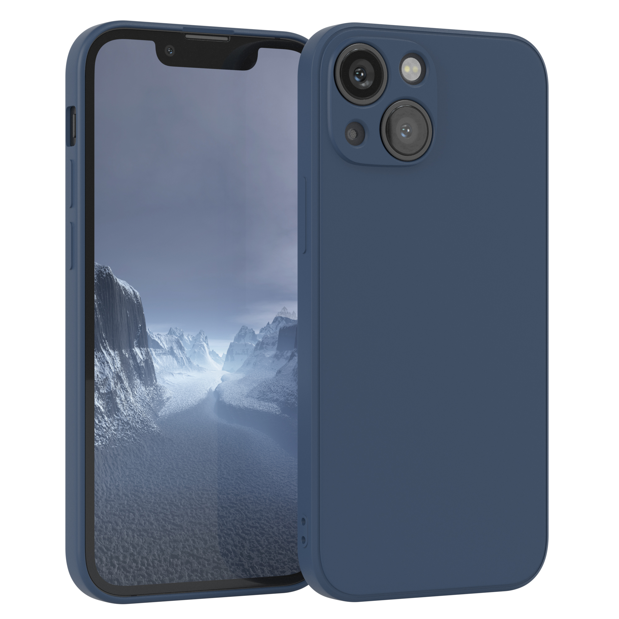 Dunkelblaues Telefon mit schneebedecktem Berg-Hintergrund in dunkelblauer Hülle.