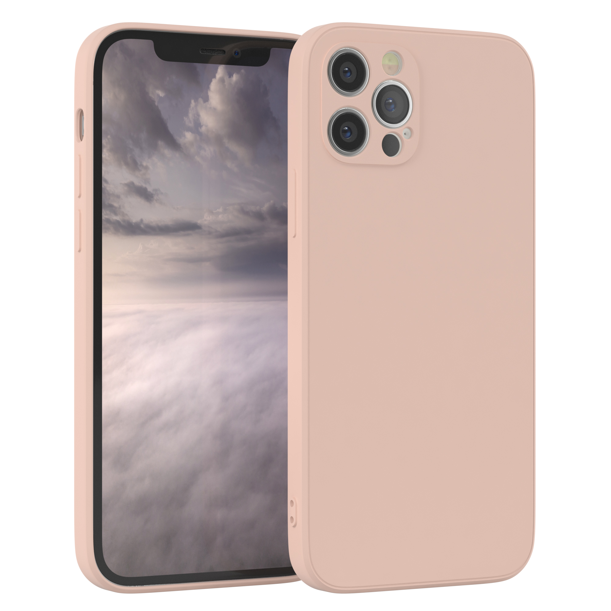 Eine hellrosa Handyhülle mit einem Handy darin. Das Handy zeigt einen bewölkten Himmel. Das Handy hat Kameras.