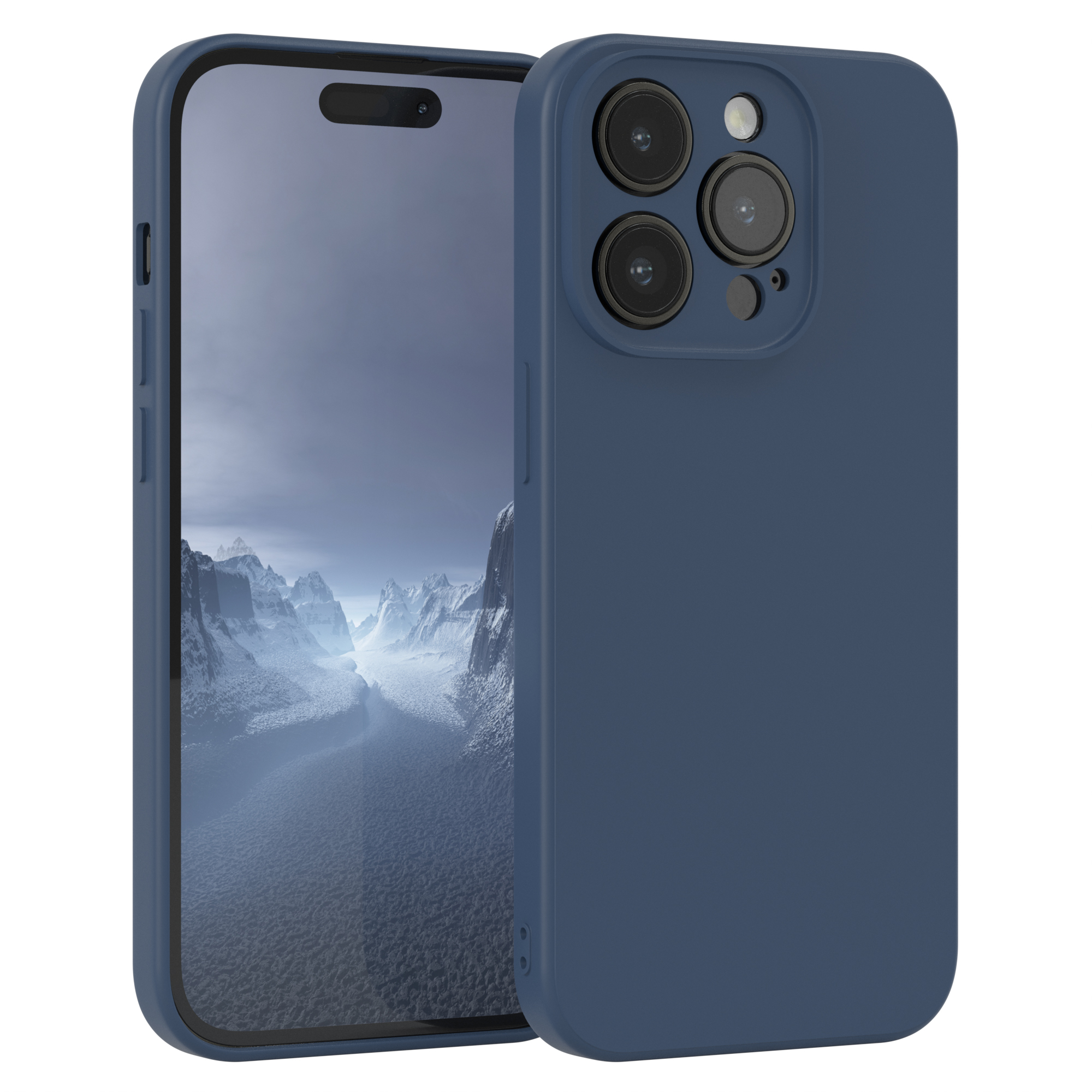Dunkelblaue Handyhülle mit Smartphone darin. Das Telefon zeigt drei Kameras.