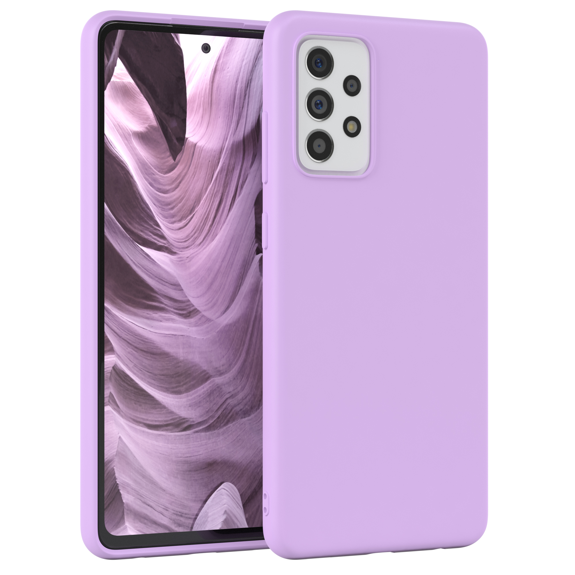 Eine helllila Handyhülle mit einem Handy darin. Das Handy zeigt eine Landschaft. Das Handy hat 5 Kameras.