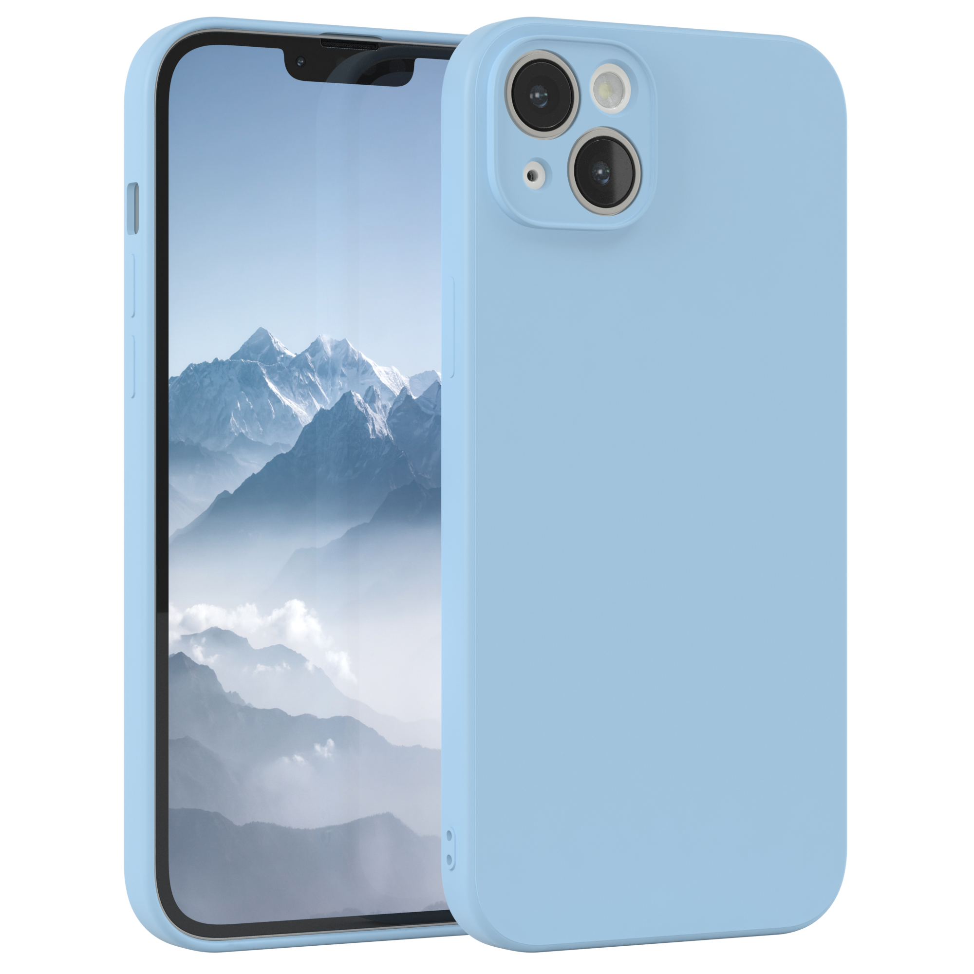 Blaue Handyhülle auf Telefon. Zeigt ein Landschaftsbild. Telefon auf weißem Hintergrund.