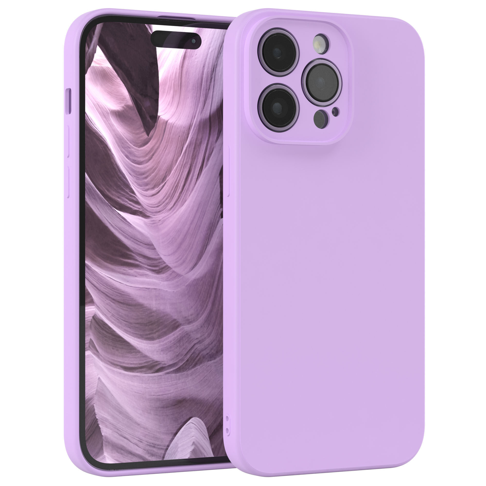 Eine helllila Handyhülle mit einem Handy darin. Das Handy zeigt eine Landschaft. Das Handy hat Kameras.